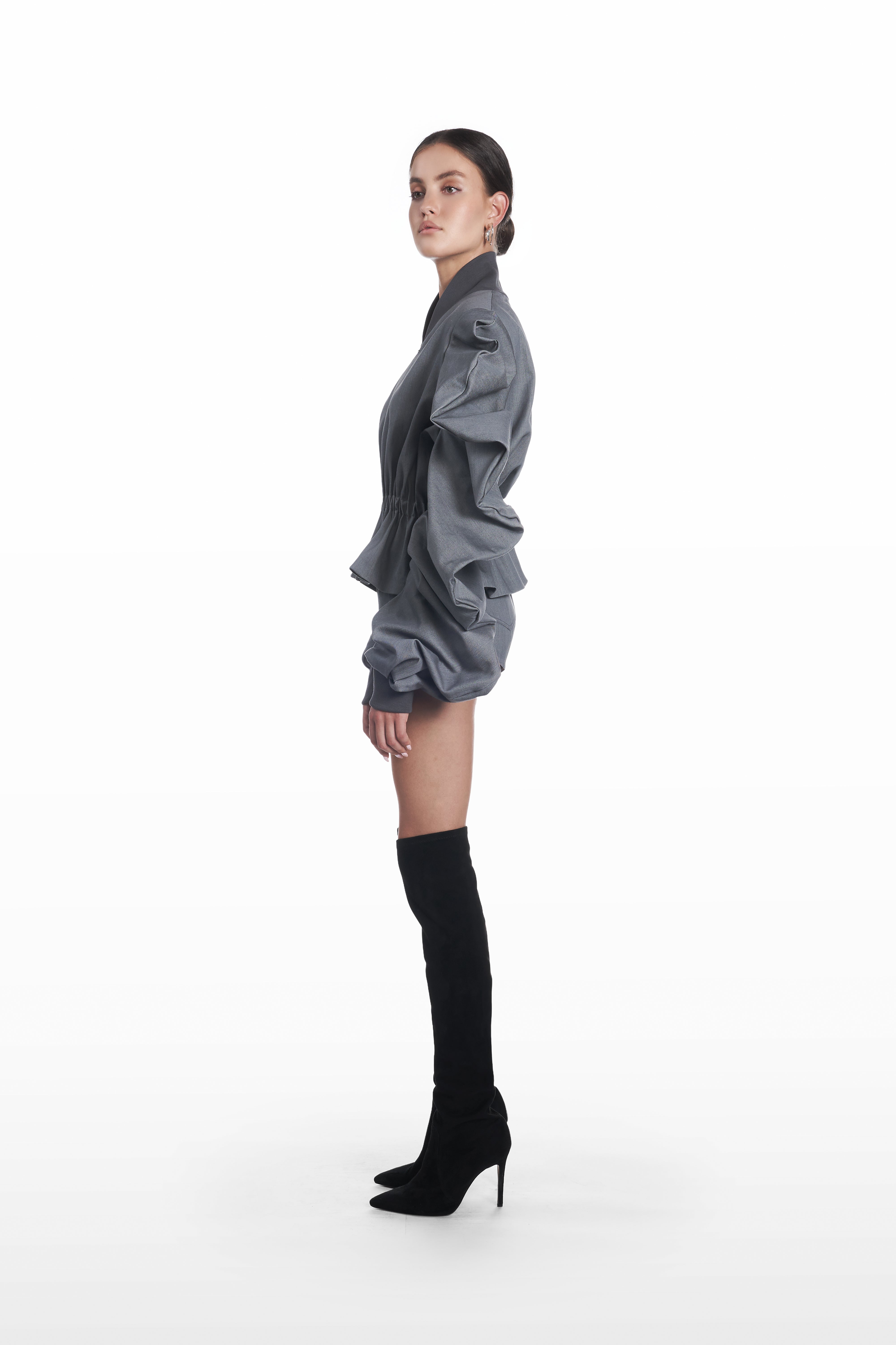 Medusa Short Parka in grey, side view, sculptural cotton parka silhouette