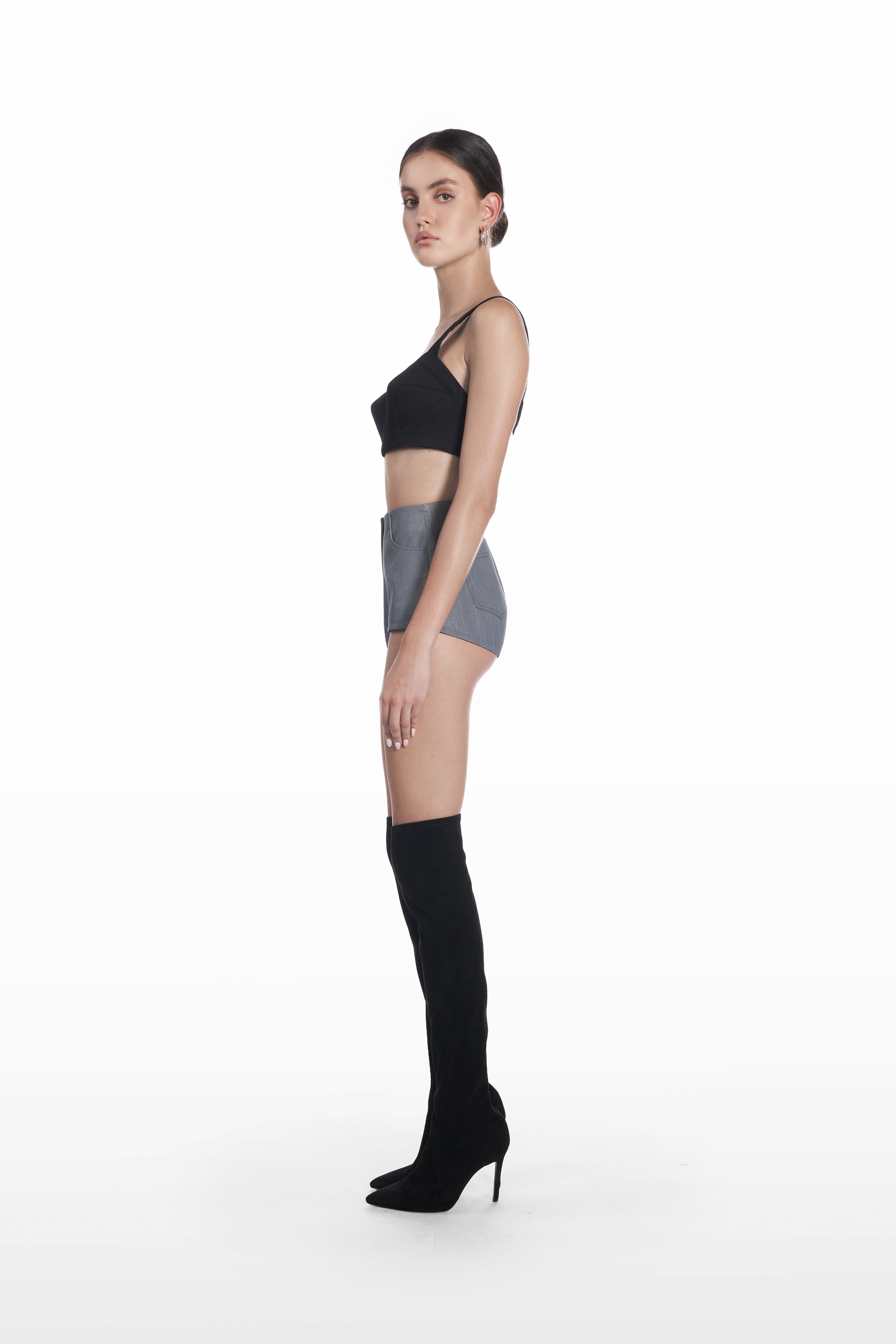 Underwear mini shorts in grey, side view with clean fitted shape and minimal tailored finish