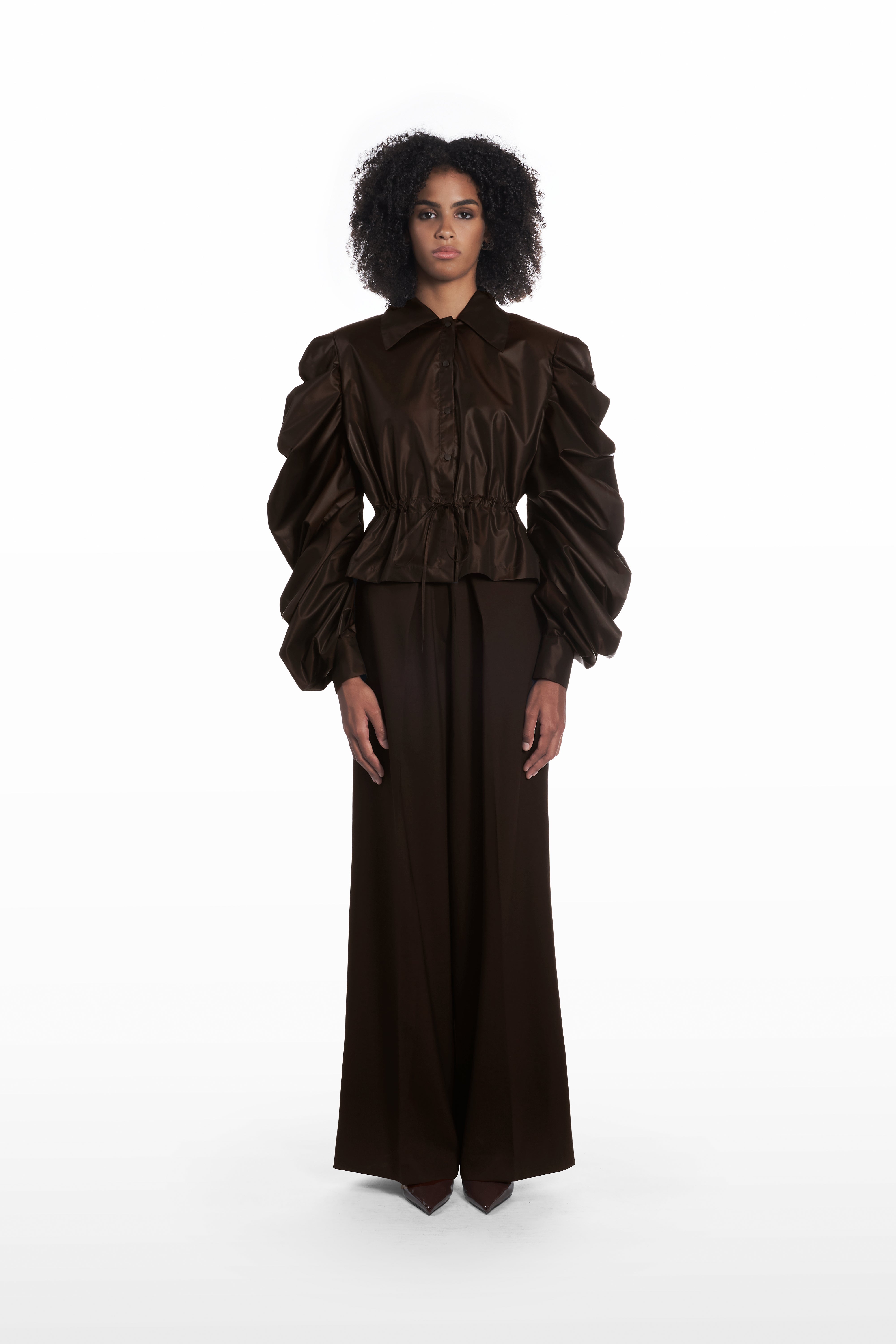 Medusa Silk Parka in dark brown, front view with gathered waist and sculptural voluminous sleeves