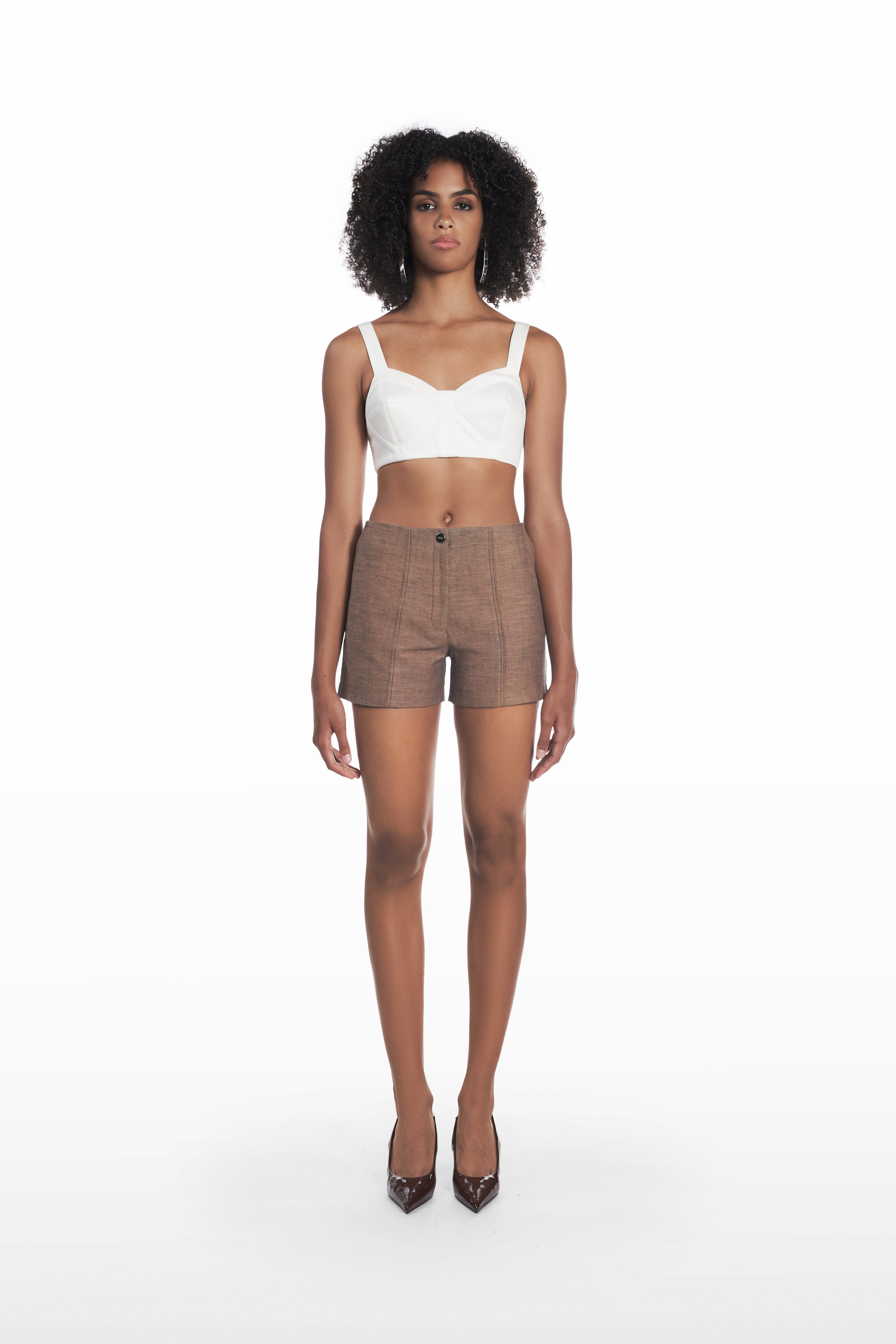 Mini Classic Shorts in brown, front view with clean tailored silhouette styled with a white cropped top