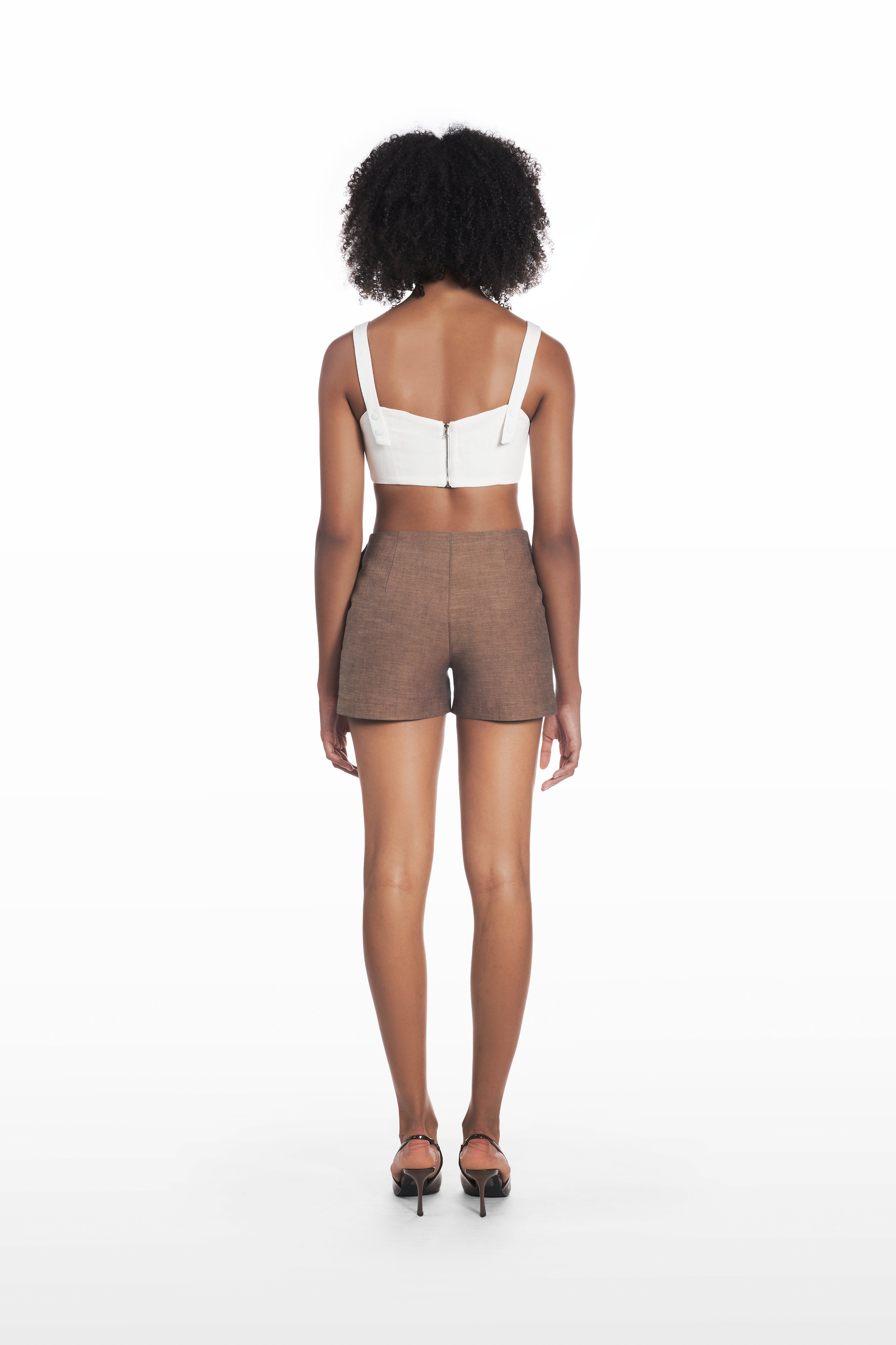 Mini Classic Shorts in brown, back view with clean tailored line and compact silhouette