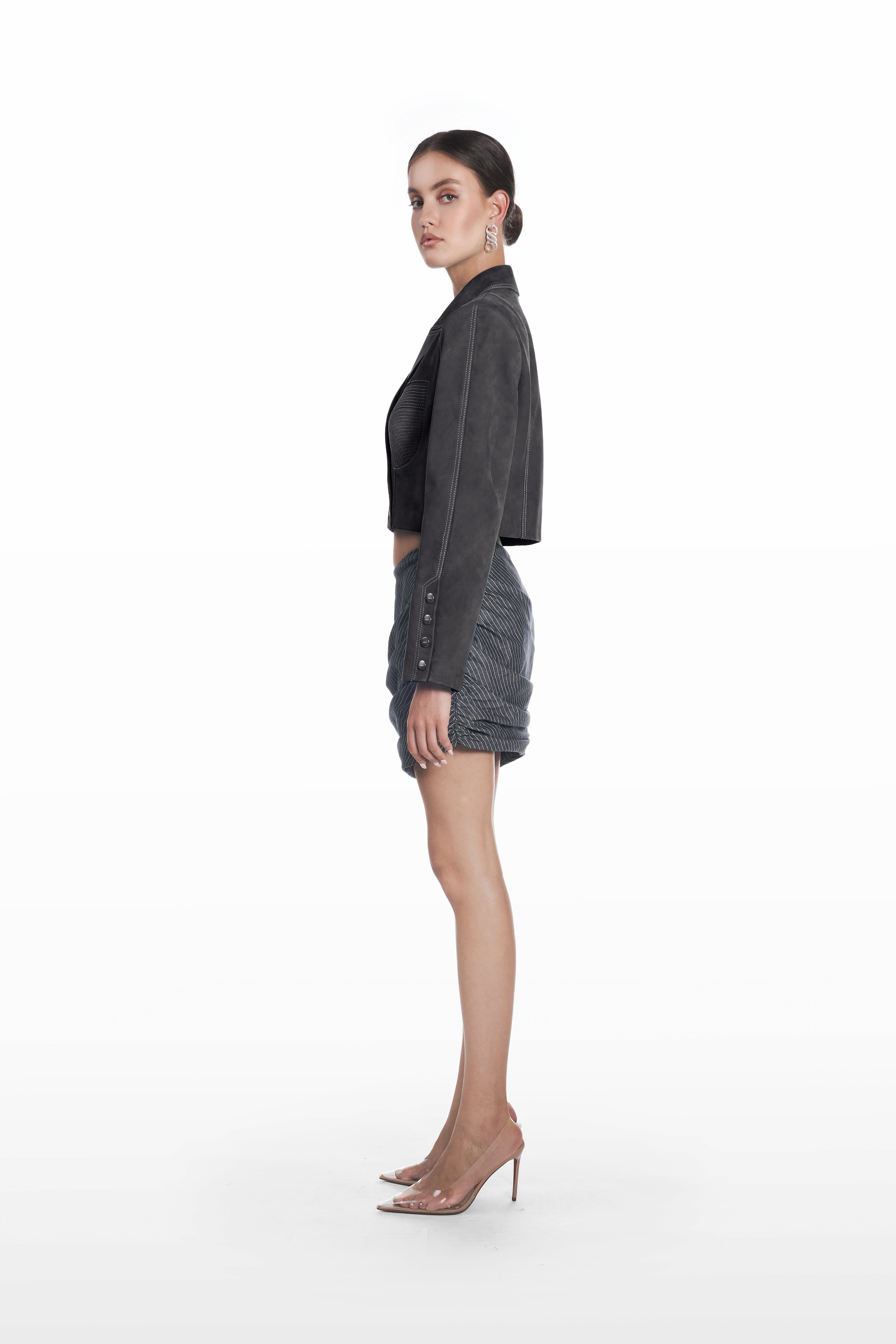 Bustier Suede Jacket in charcoal grey, side view, structured cropped suede jacket with sharp tailoring