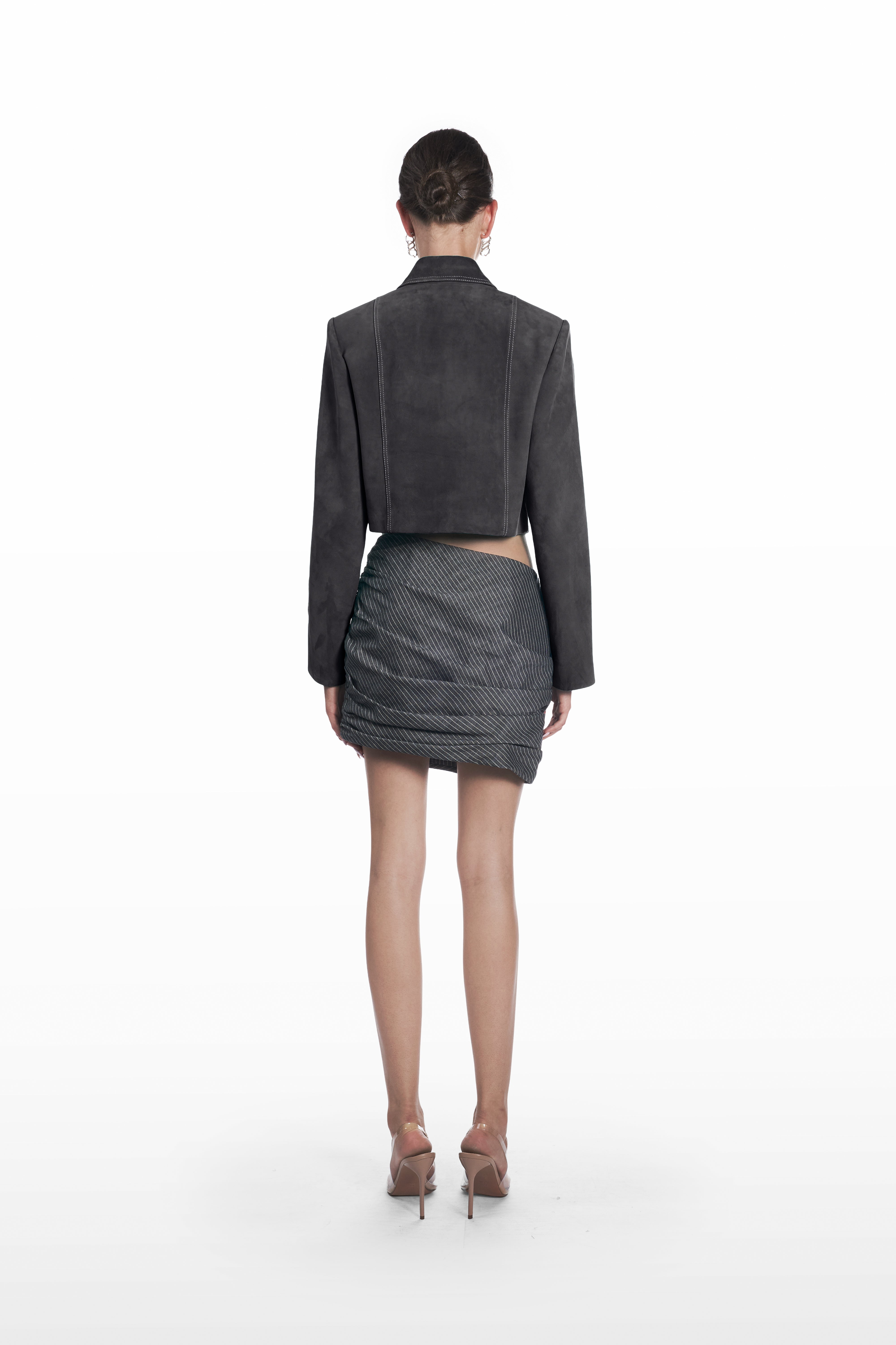 Bustier Suede Jacket in charcoal grey, back view, cropped designer leather jacket with clean tailored lines