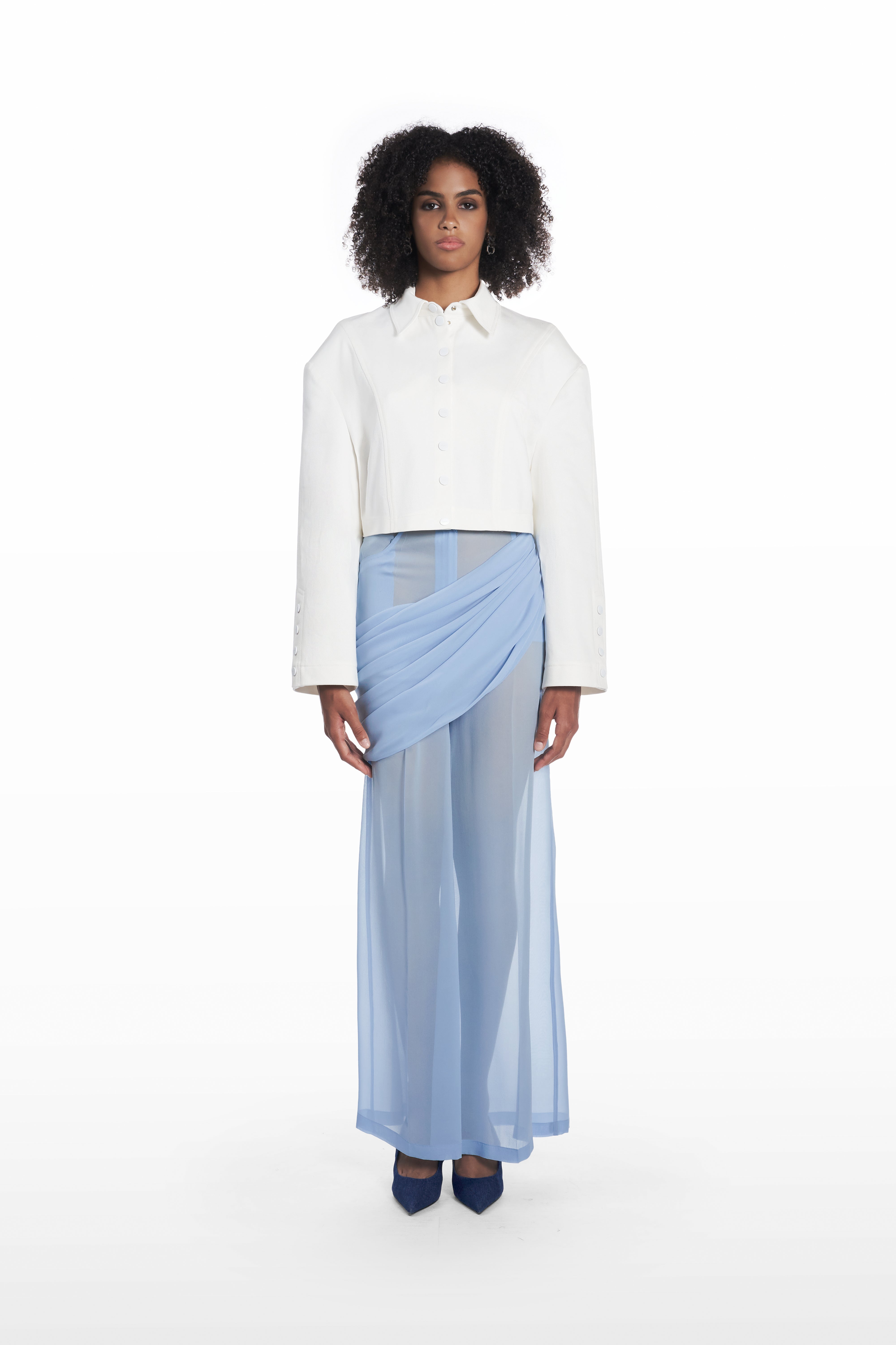 Transparent Palla trousers in clear aqua, front view with sheer silk construction and draped waist detail