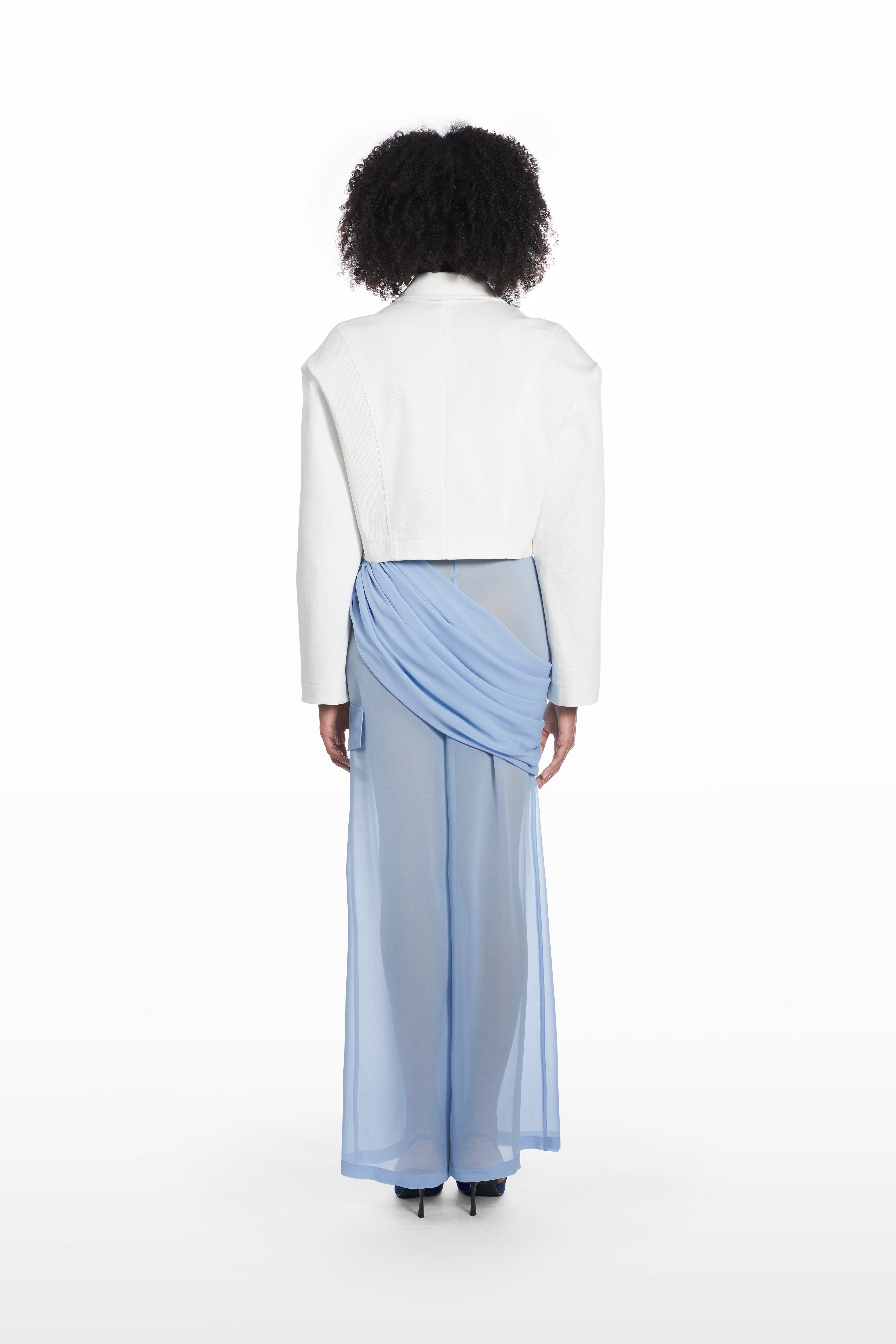 Transparent Palla trousers in clear aqua, back view with sheer silk line and wrapped draped panel