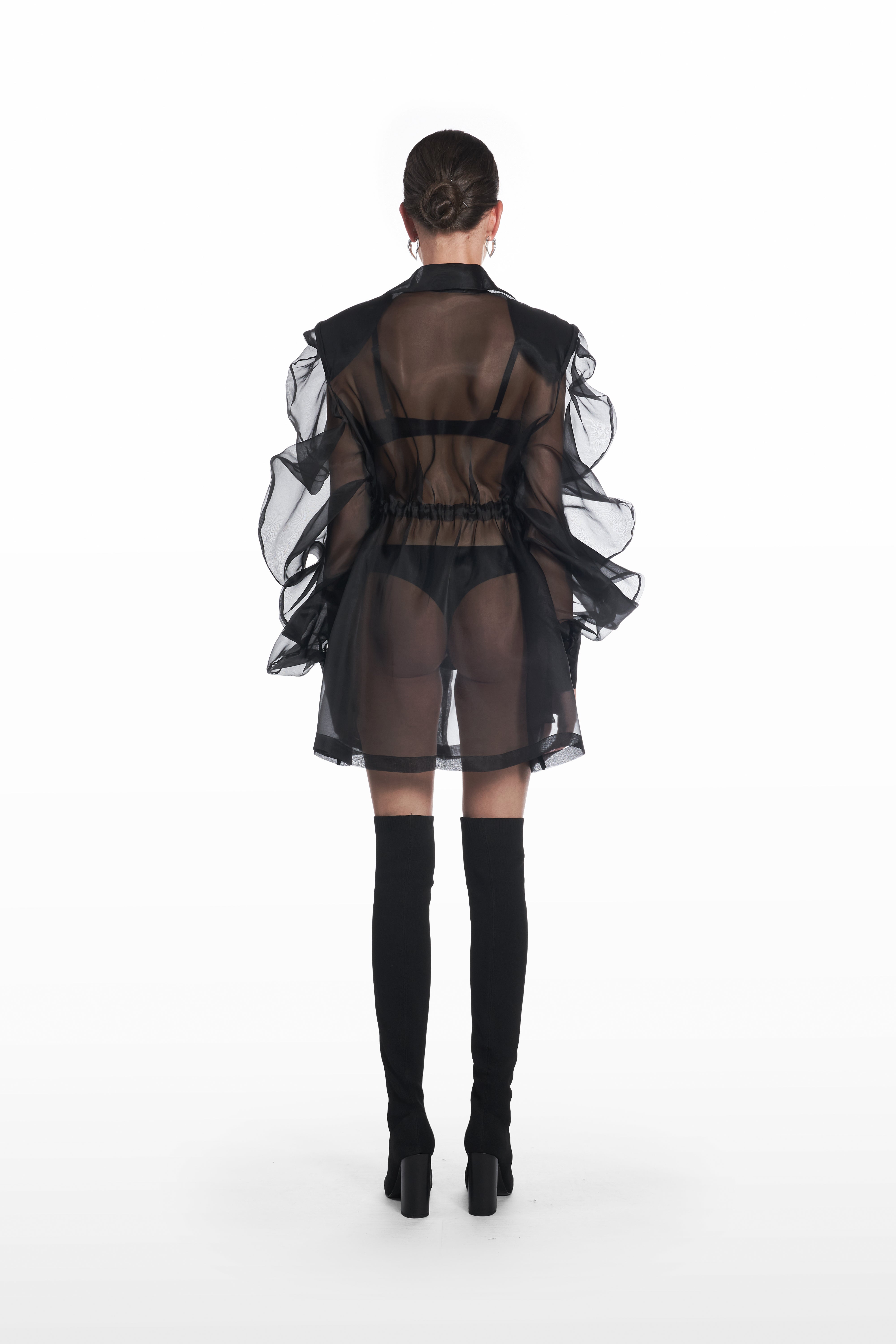 Short Medusa Parkadress in sheer black silk, back view with transparent finish and short silhouette