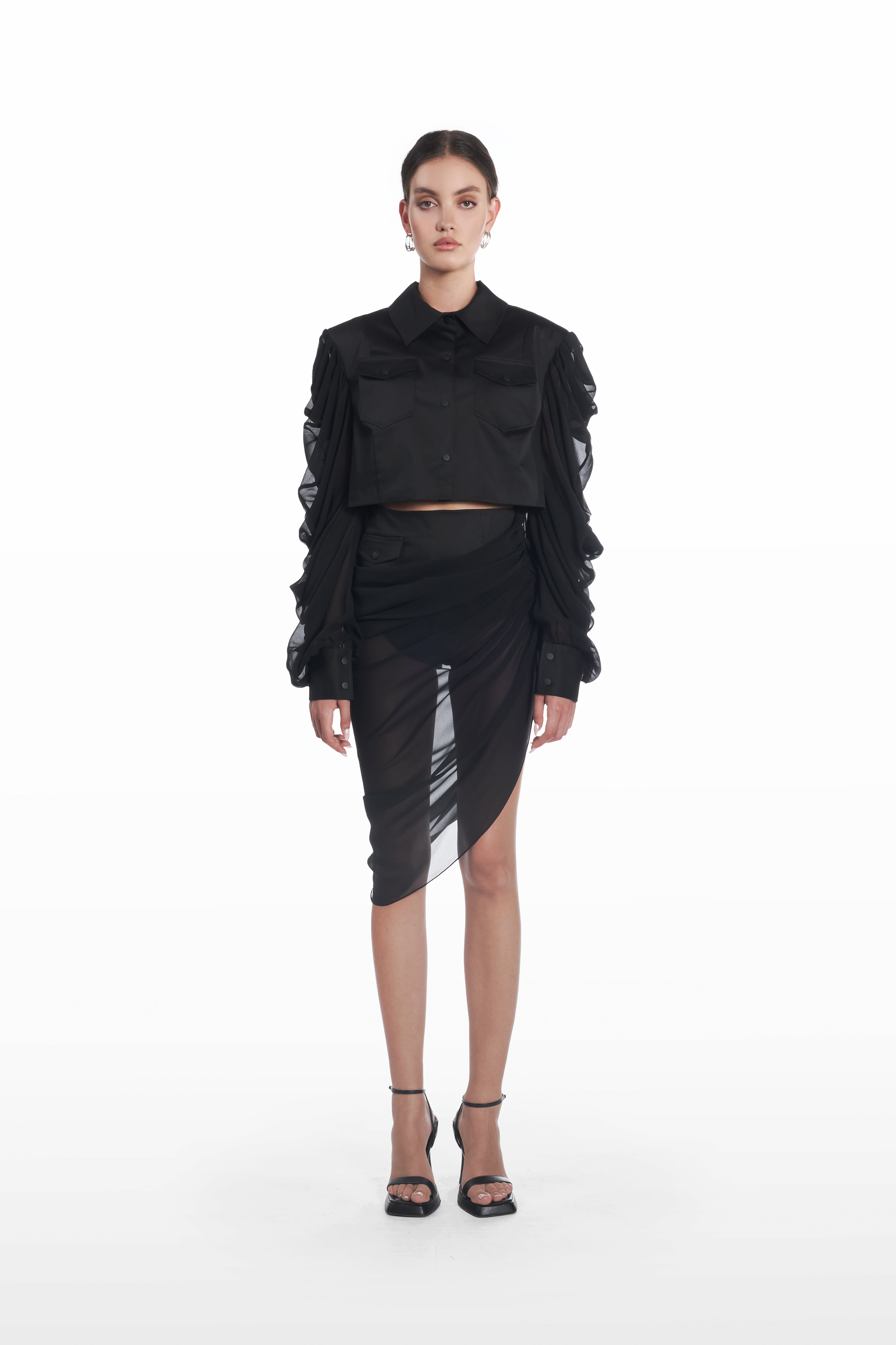Palla Fringe Skirt in ivory, front view, draped designer skirt with long fringe hem