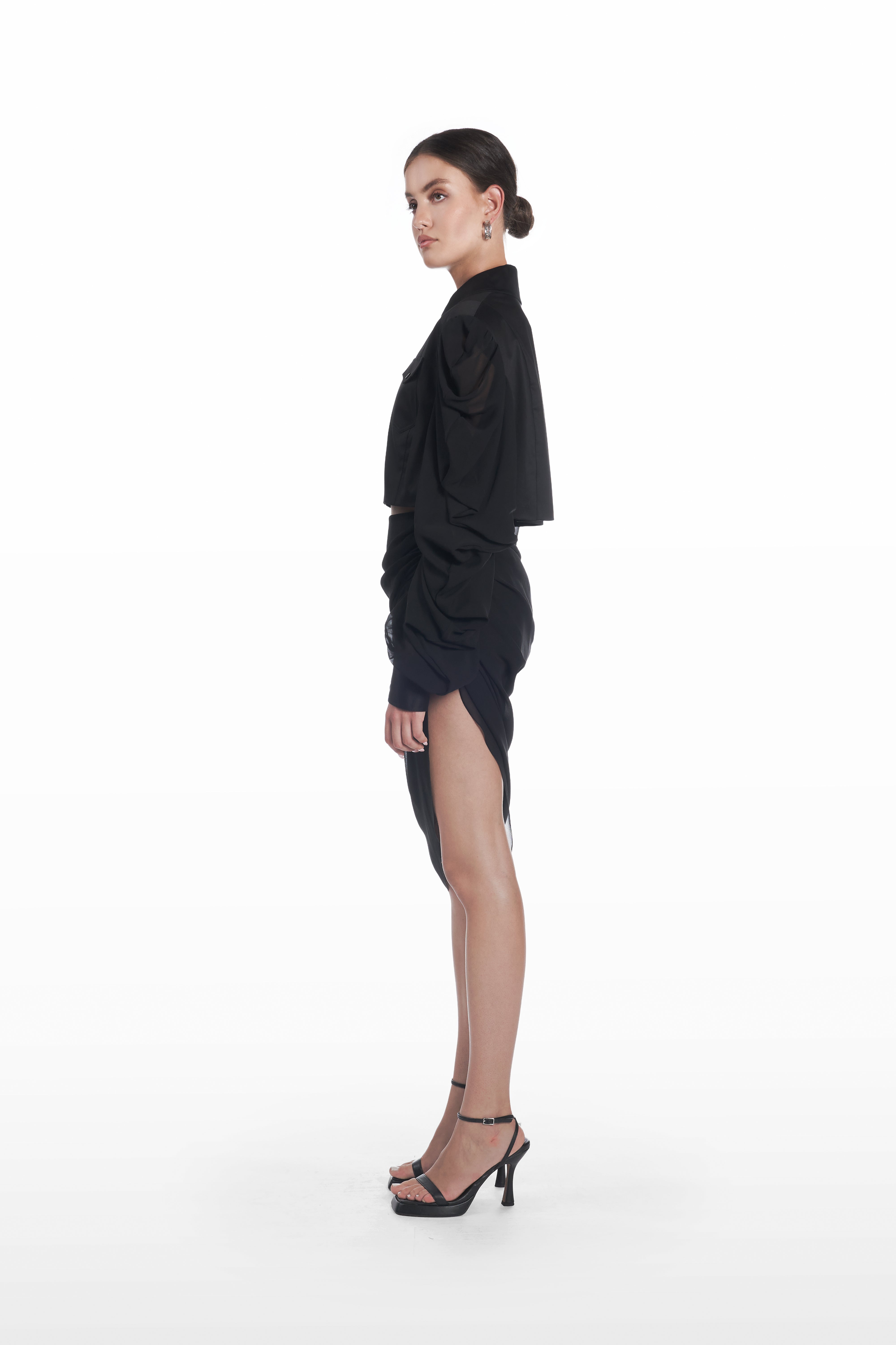 Palla Fringe Skirt in ivory, side view, asymmetric fringe skirt with sculptural drape