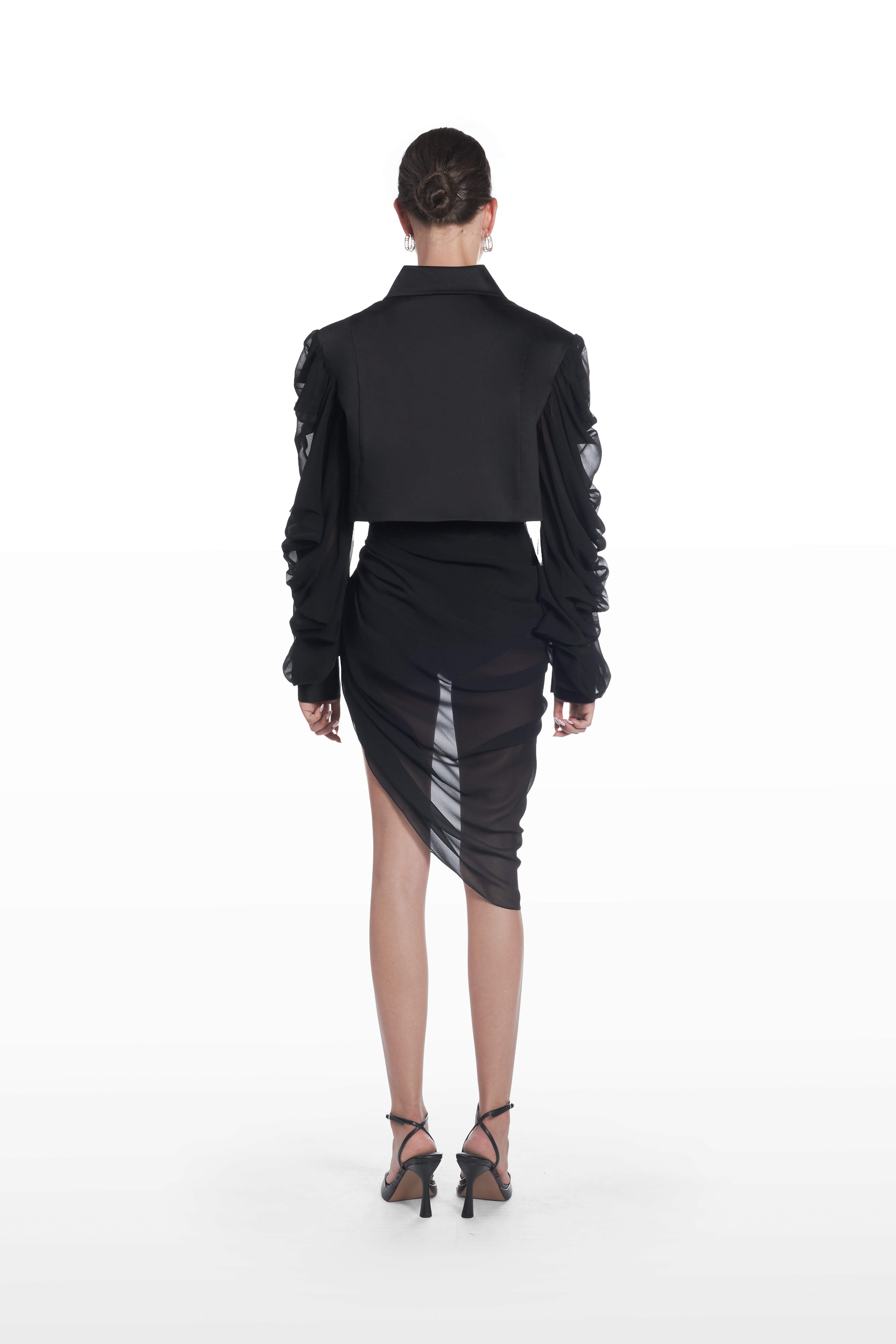 Palla Fringe Skirt in ivory, back view, long fringe skirt with fitted waist and fluid movement