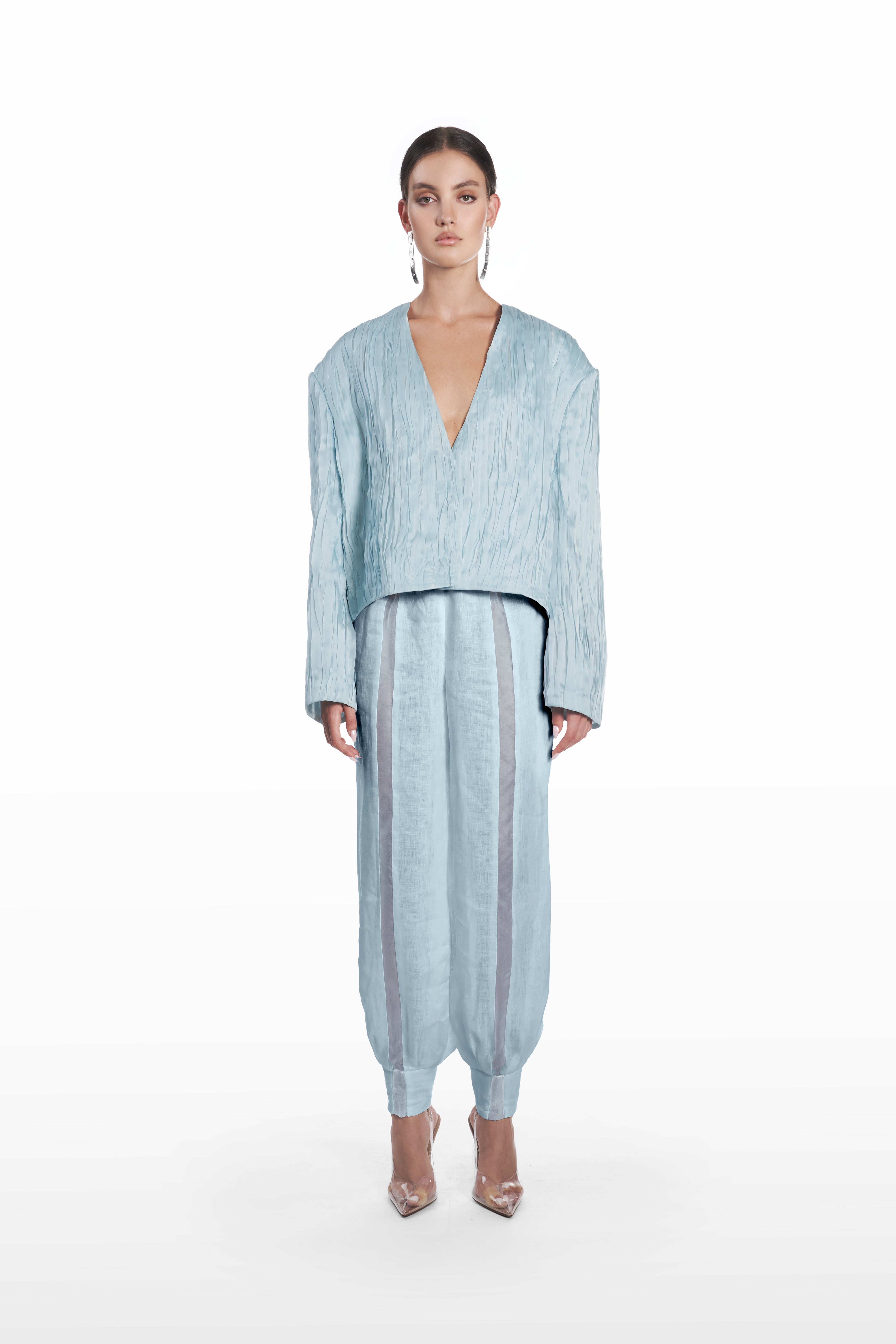 Oversize Crushed Organza Jacket in clear aqua silk organza, front view with deep V neckline, oversized silhouette, and crushed translucent texture