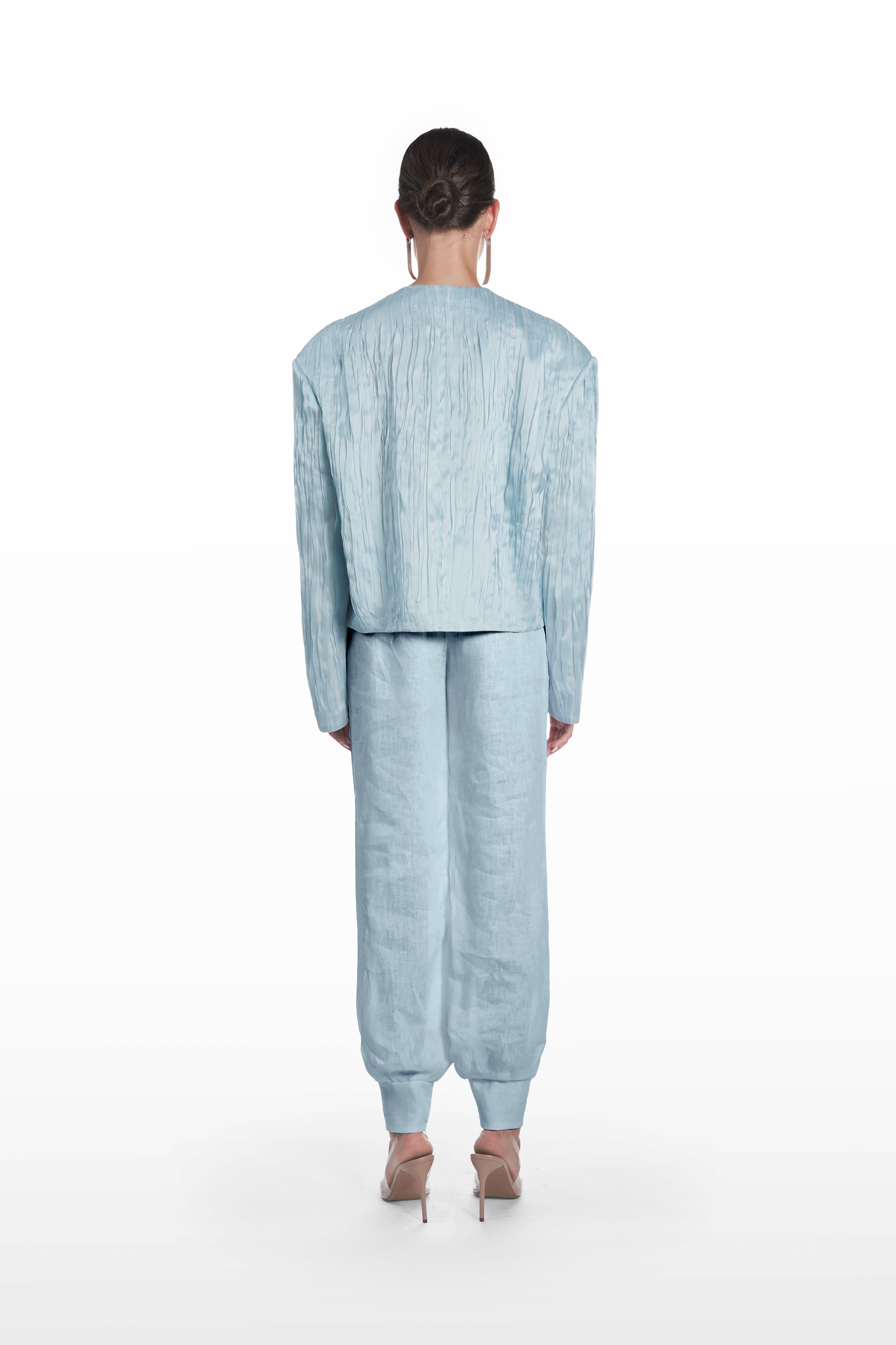 Oversize Crushed Organza Jacket in clear aqua silk organza, back view with oversized cut, long sleeves, and crinkled sheer finish