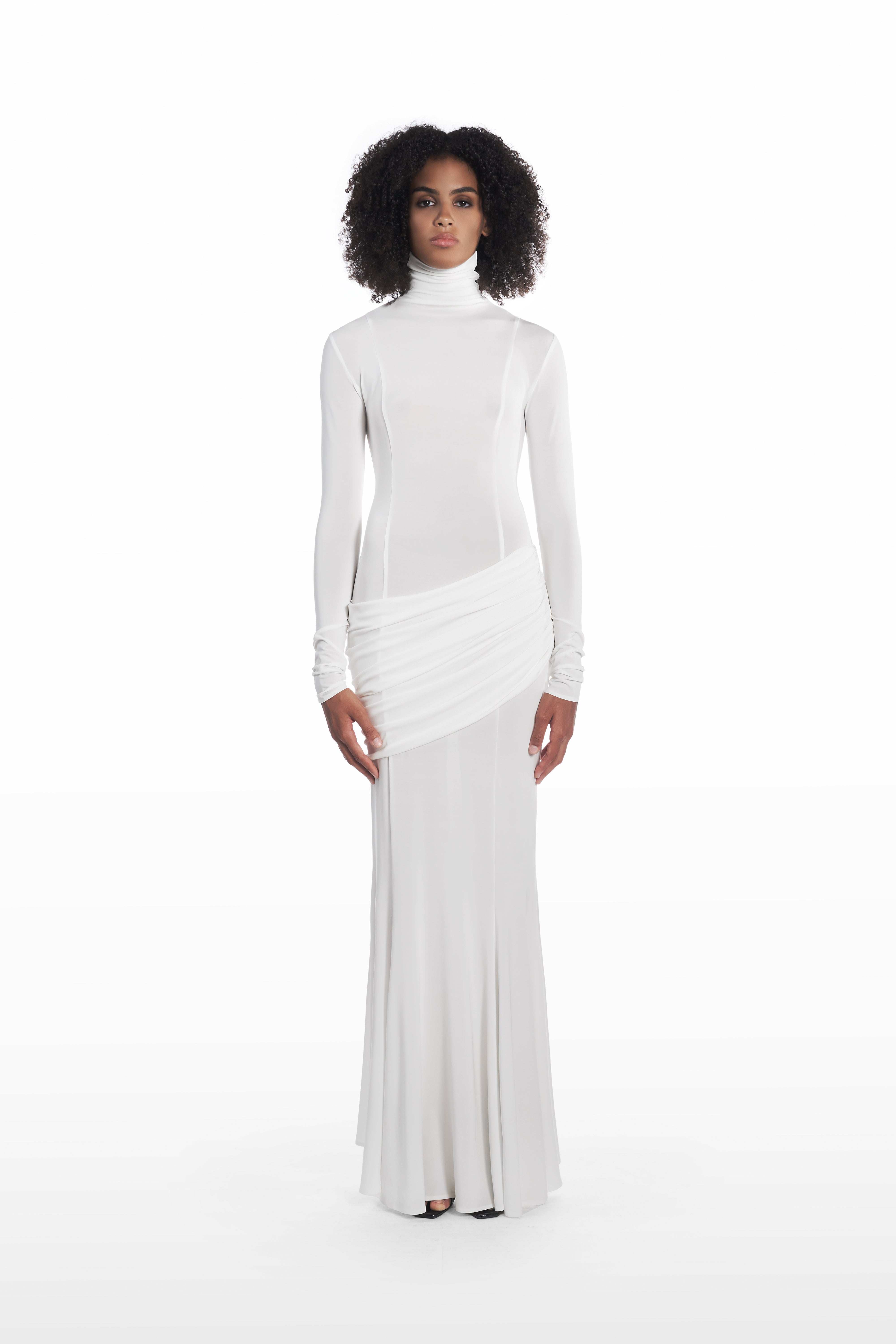 Long Palla Dress white viscose turtleneck maxi dress front view with draped hip detail