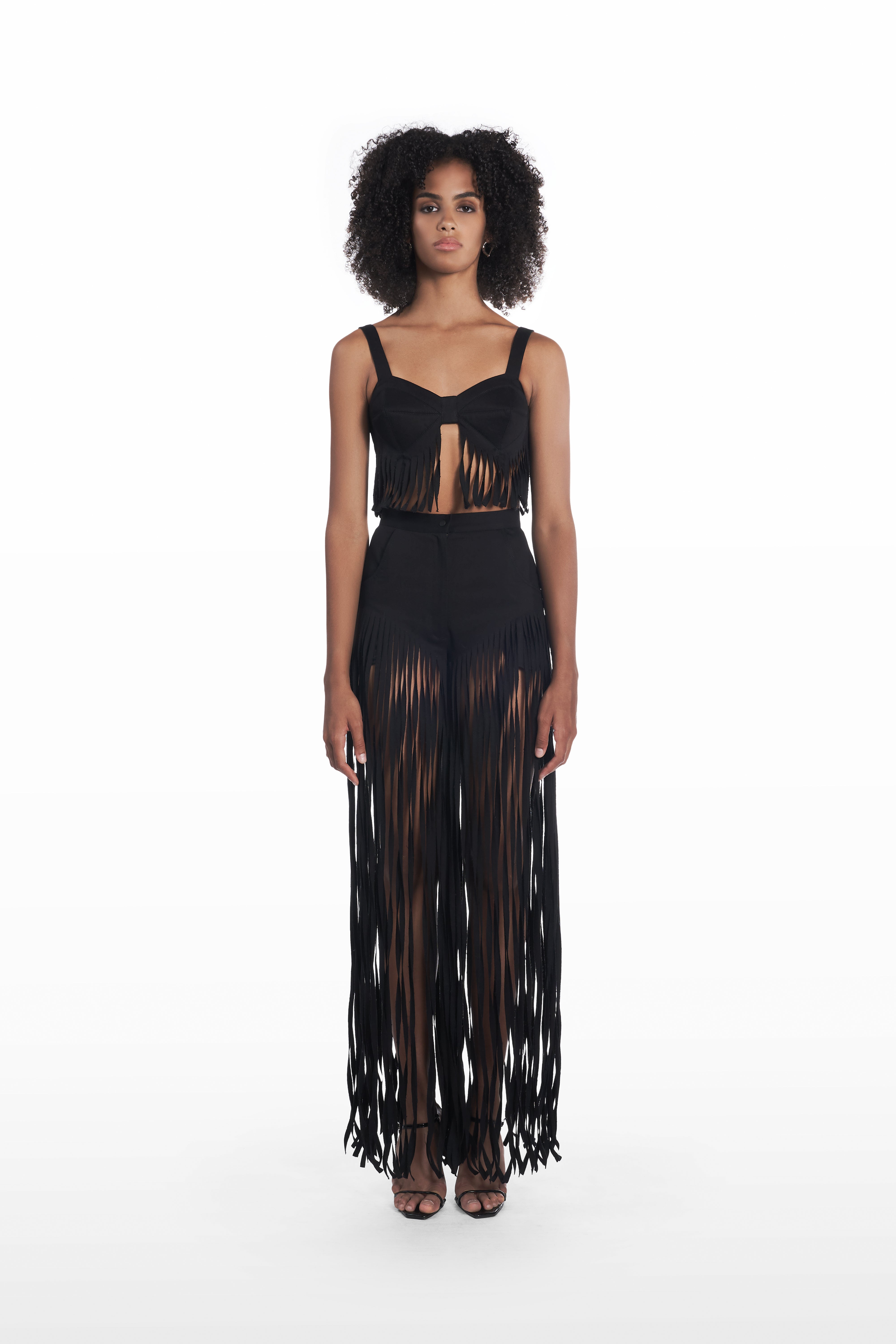 Denim Fringe Trousers in black, front view, high-waisted silhouette with long fringe