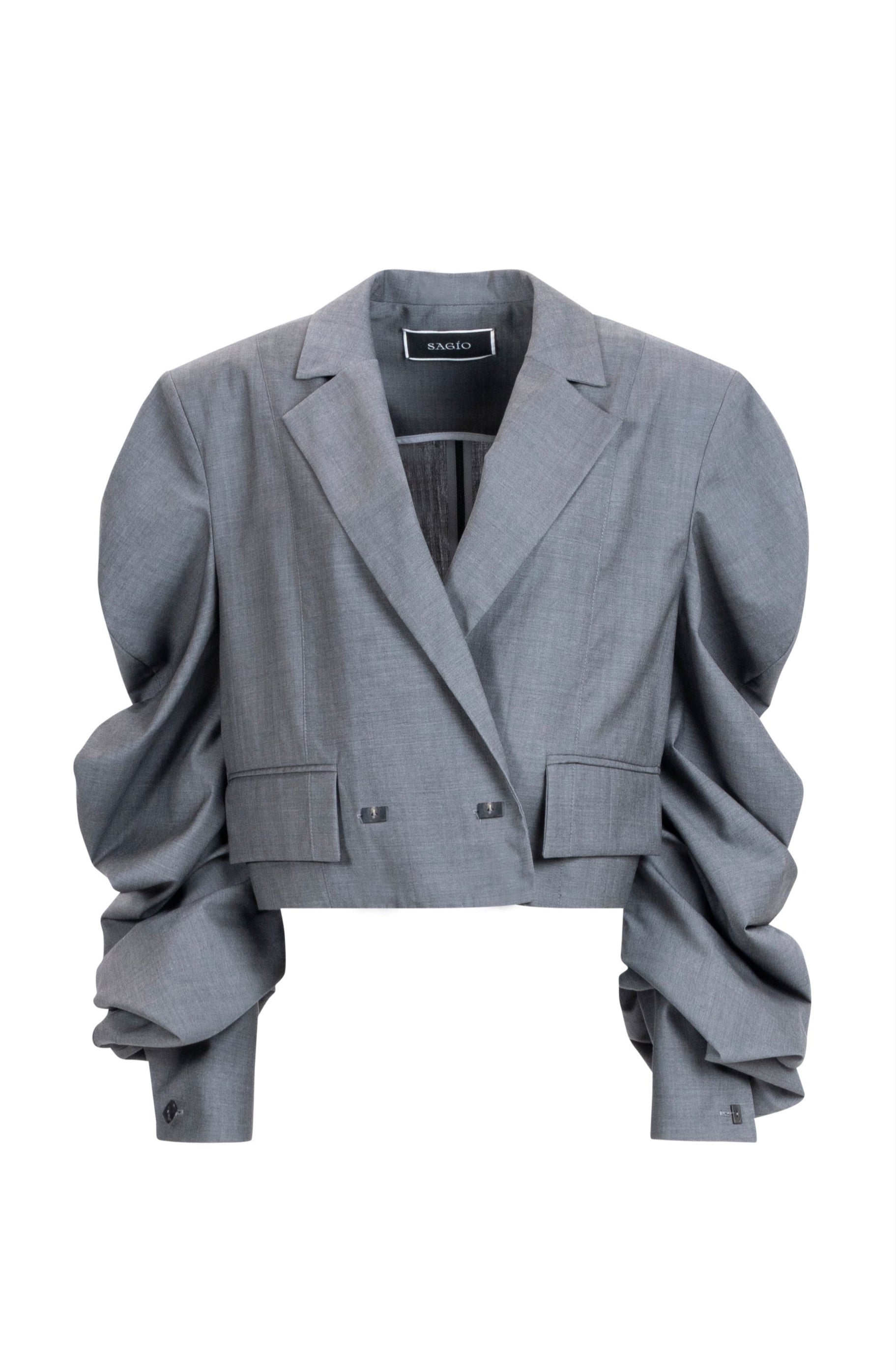 Women’s gray cropped blazer with ruched sleeves, notched lapels and flap pockets