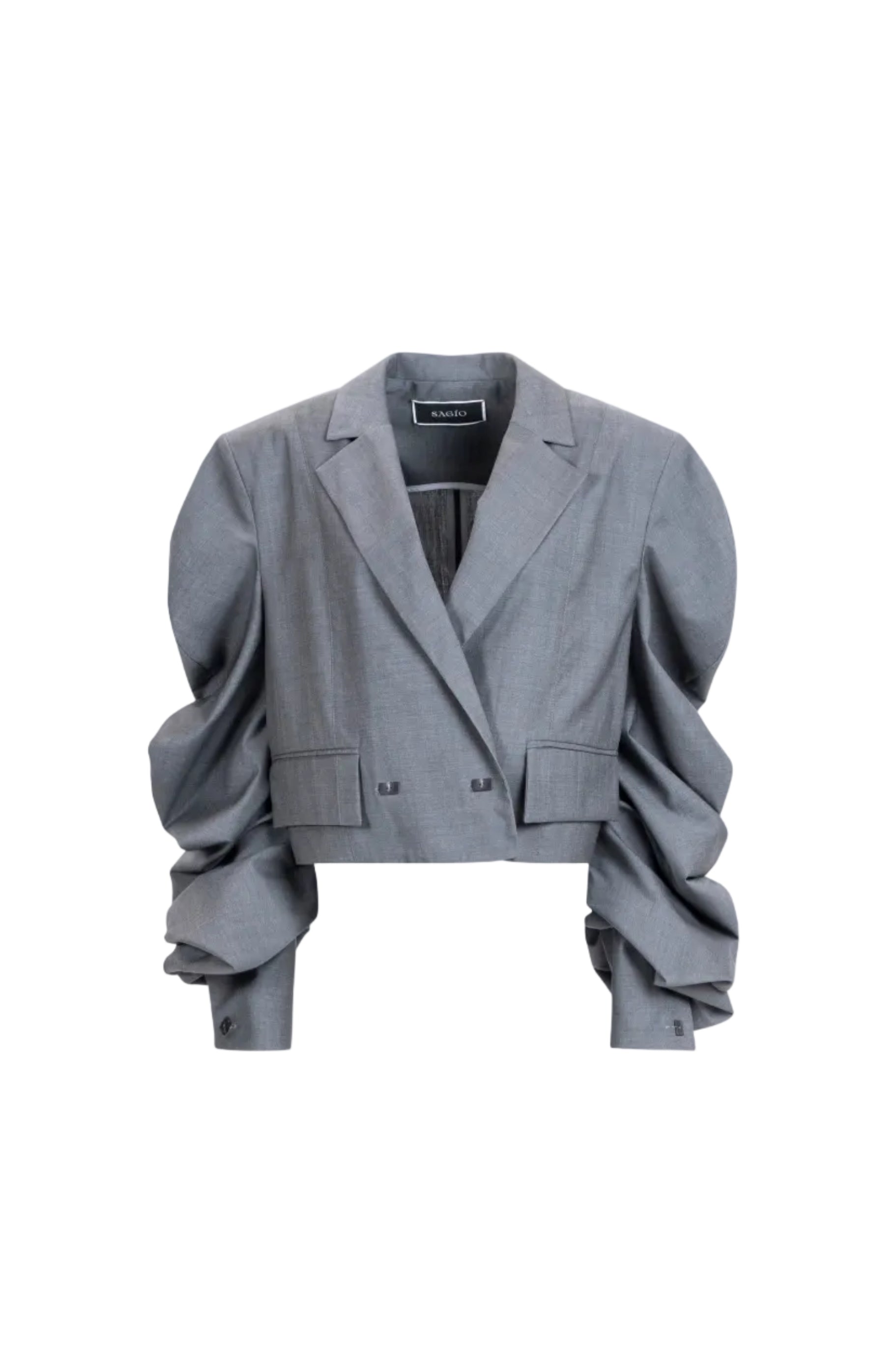 Women’s gray cropped blazer with ruched sleeves, notched lapels and flap pockets