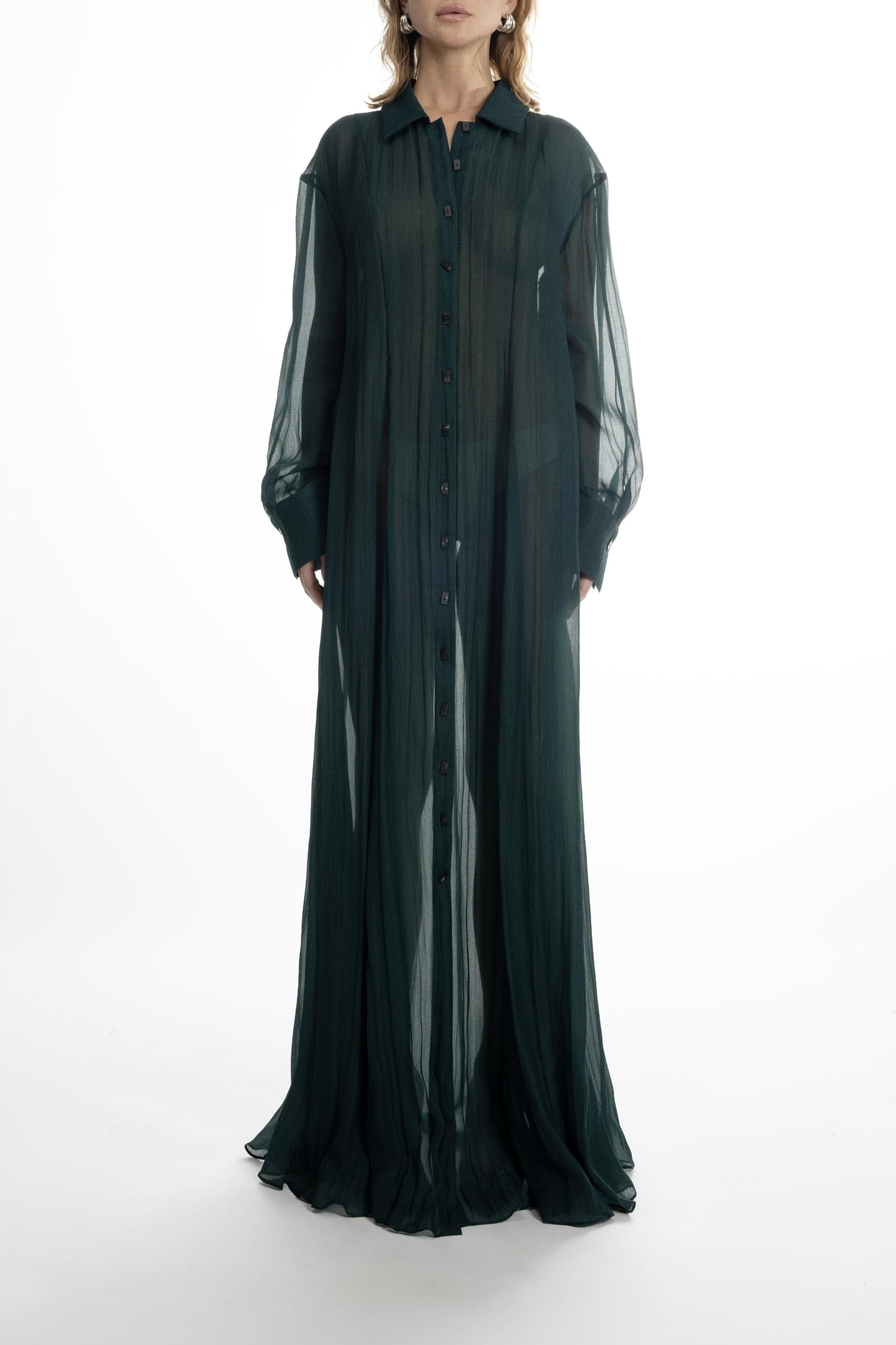 Deep green 100% silk long shirt dress, button-front, spread collar, maxi length, relaxed flowing silhouette.
