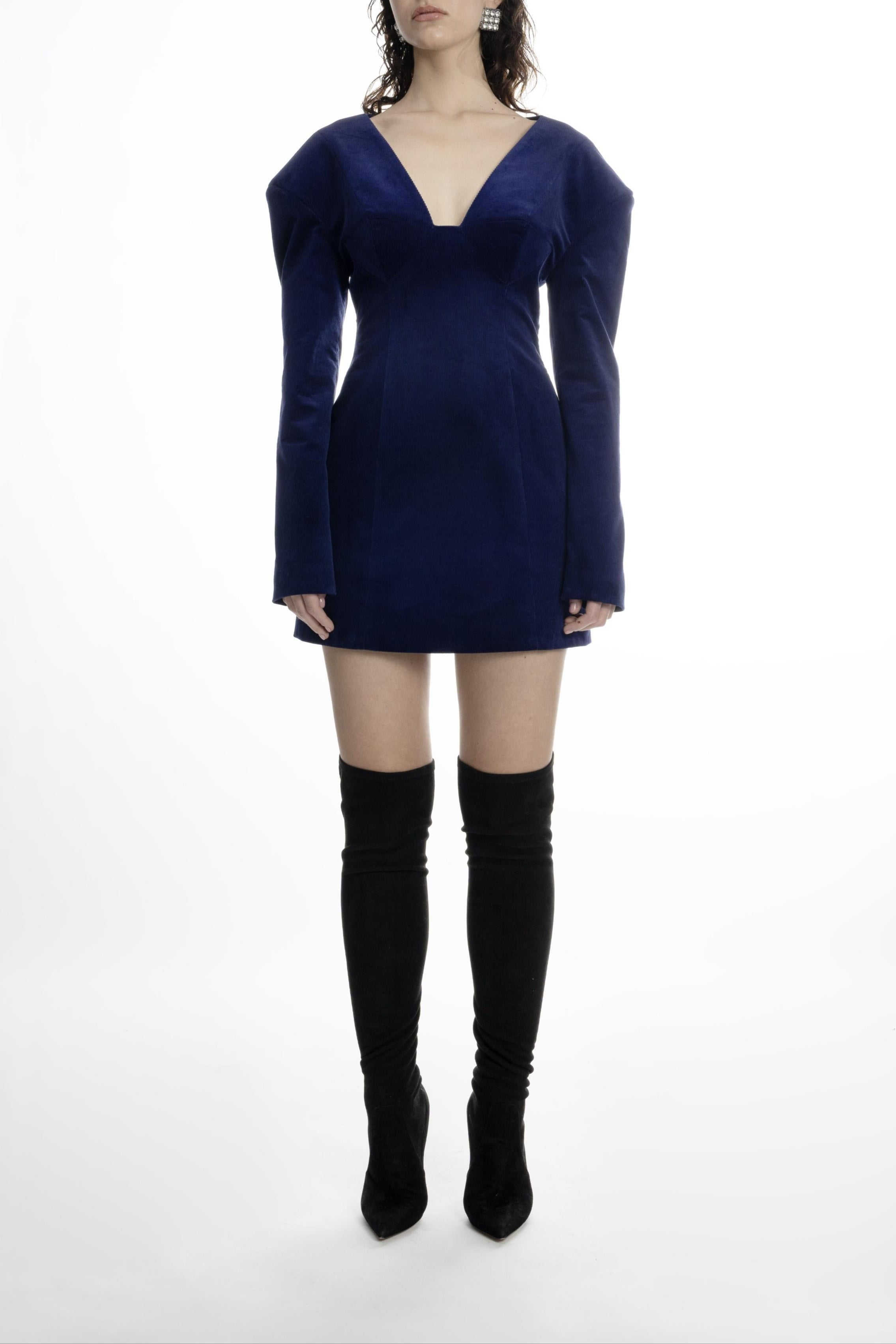 Navy cotton mini dress with long sleeves, tailored seams and back zip