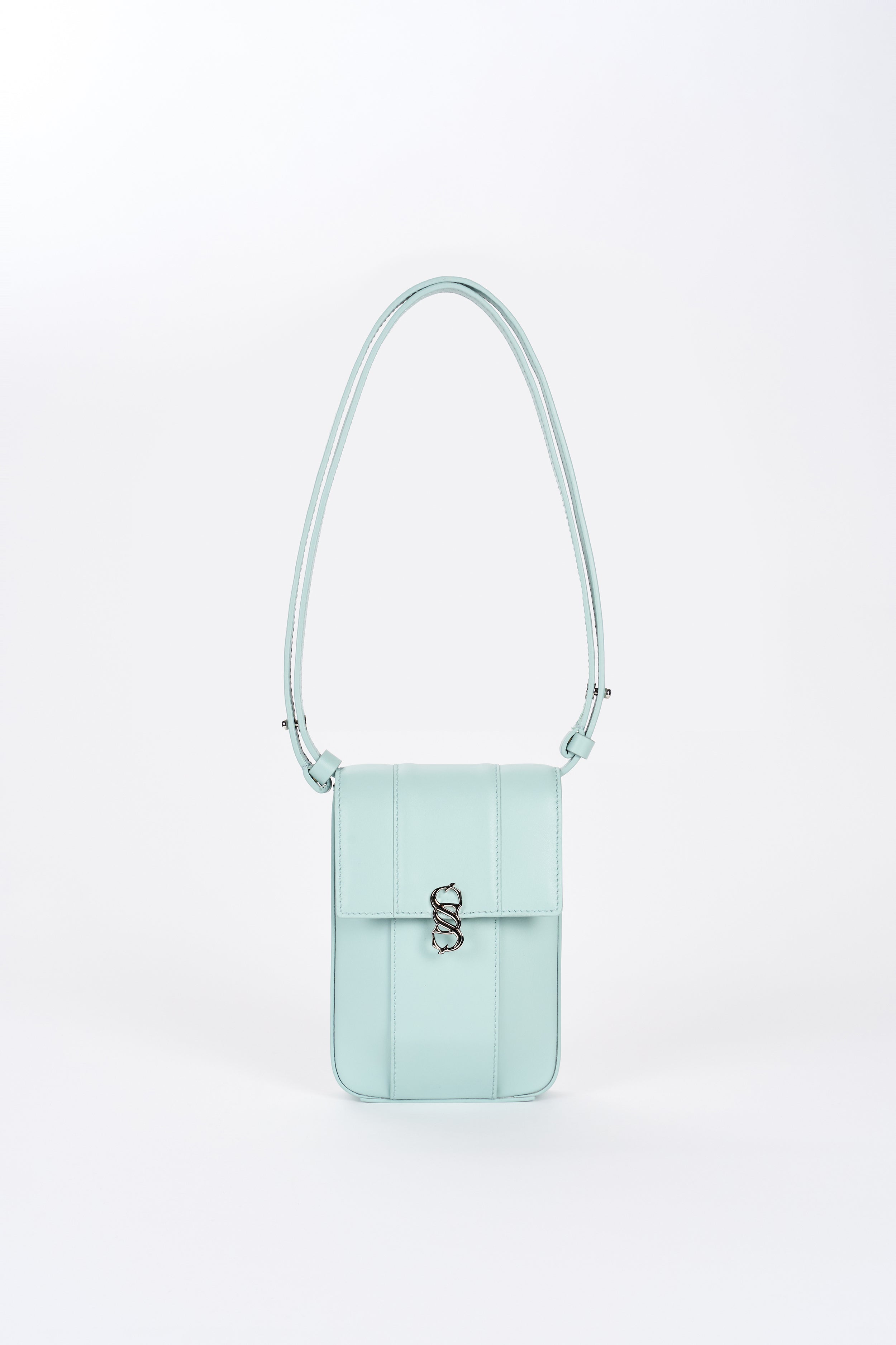 Clear aqua Il Cupolina designer leather bag front view with long strap and silver-tone logo hardware