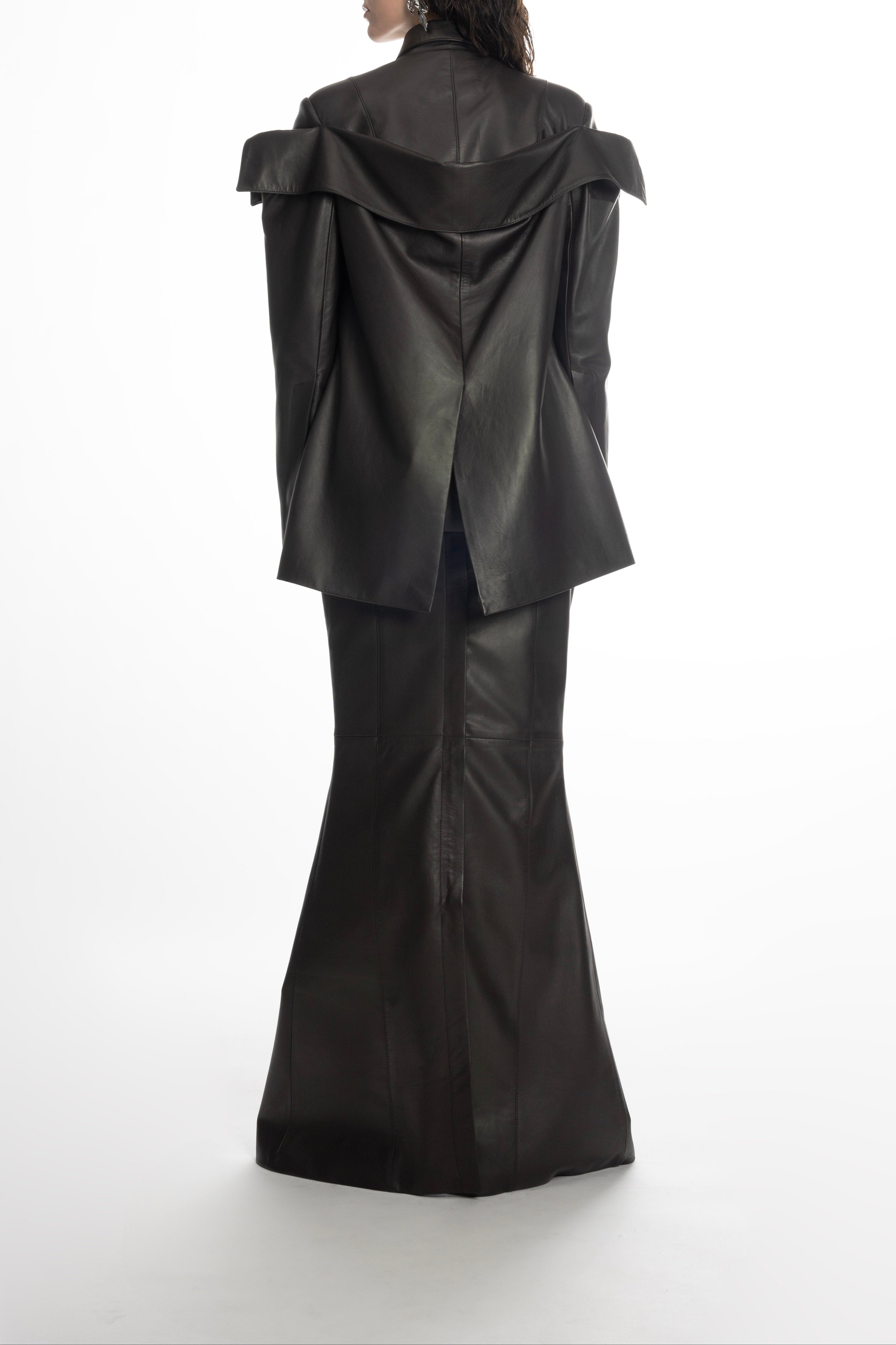 Black leather jacket showing folded, cape-like shoulder panels that wrap across the upper back with a rear vent.