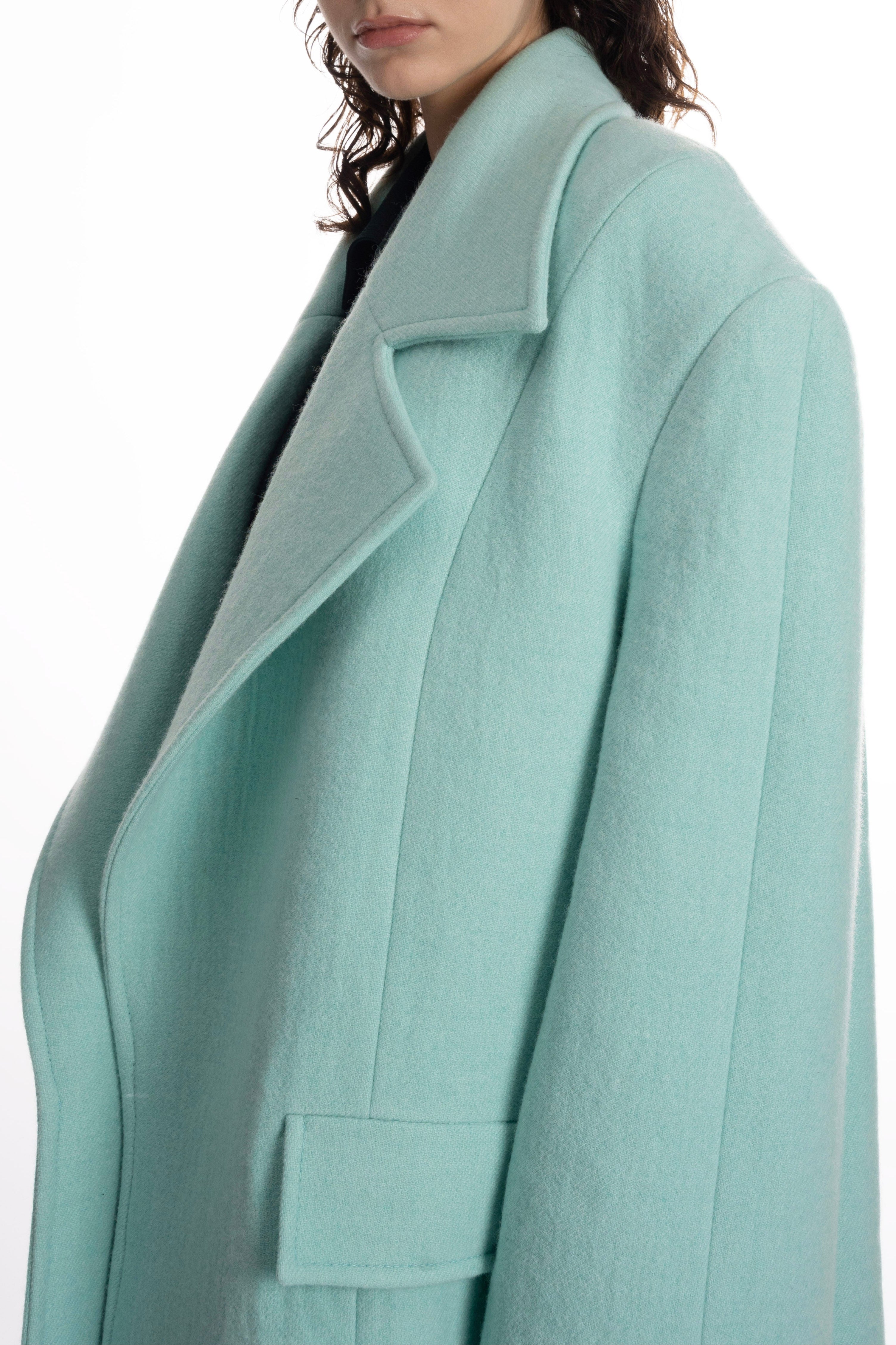 Beach Glass Falling Shoulder wool coat focusing on oversized peak lapels, textured wool and relaxed shoulder line.