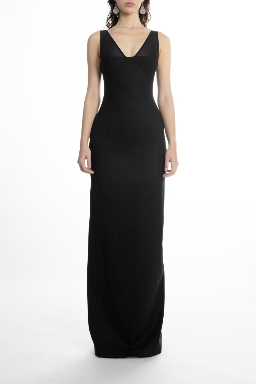 Women’s black evening gown, deep V neckline and column silhouette, front view