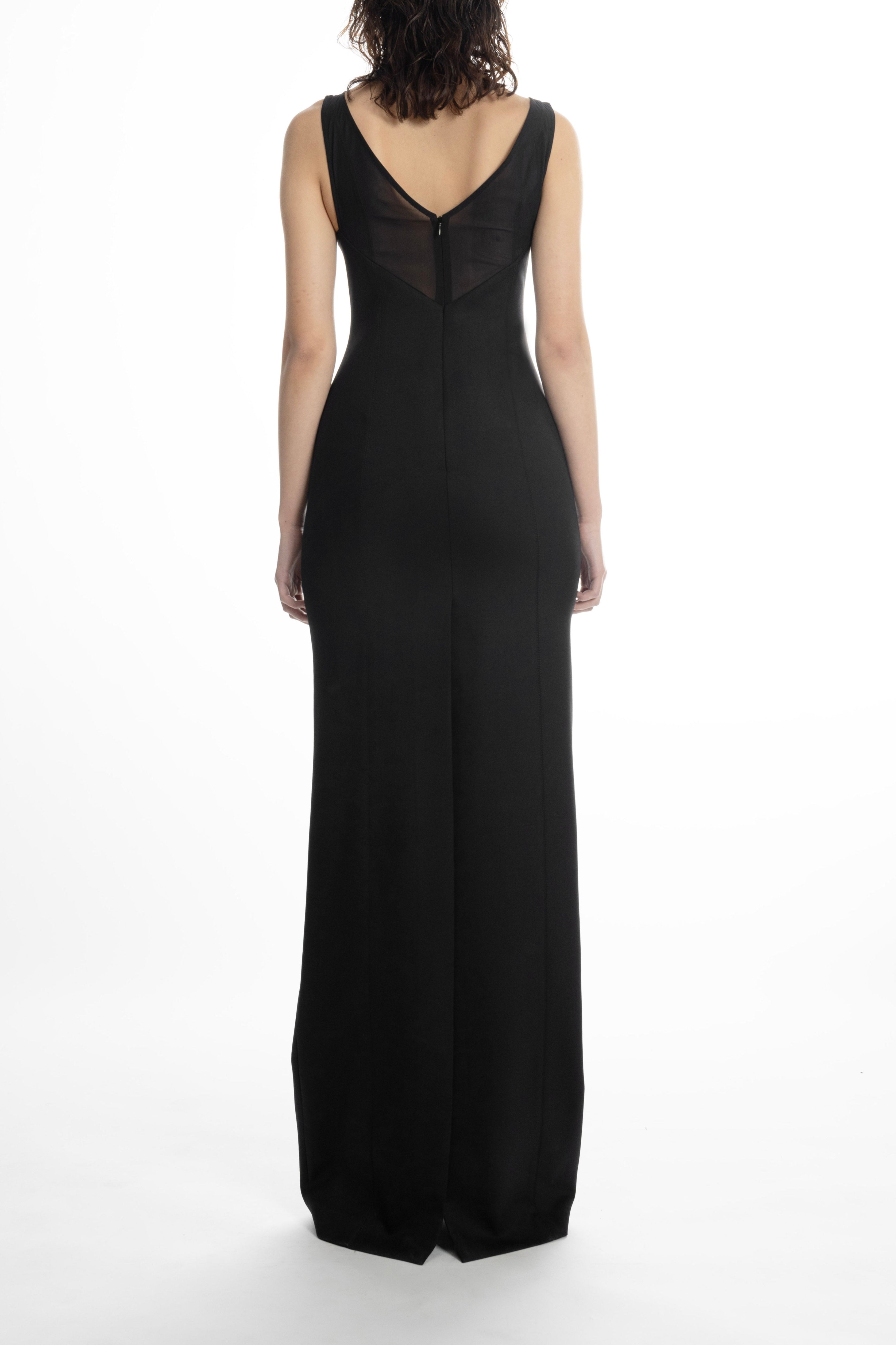 Women’s black evening gown with sheer V-back insert, back view