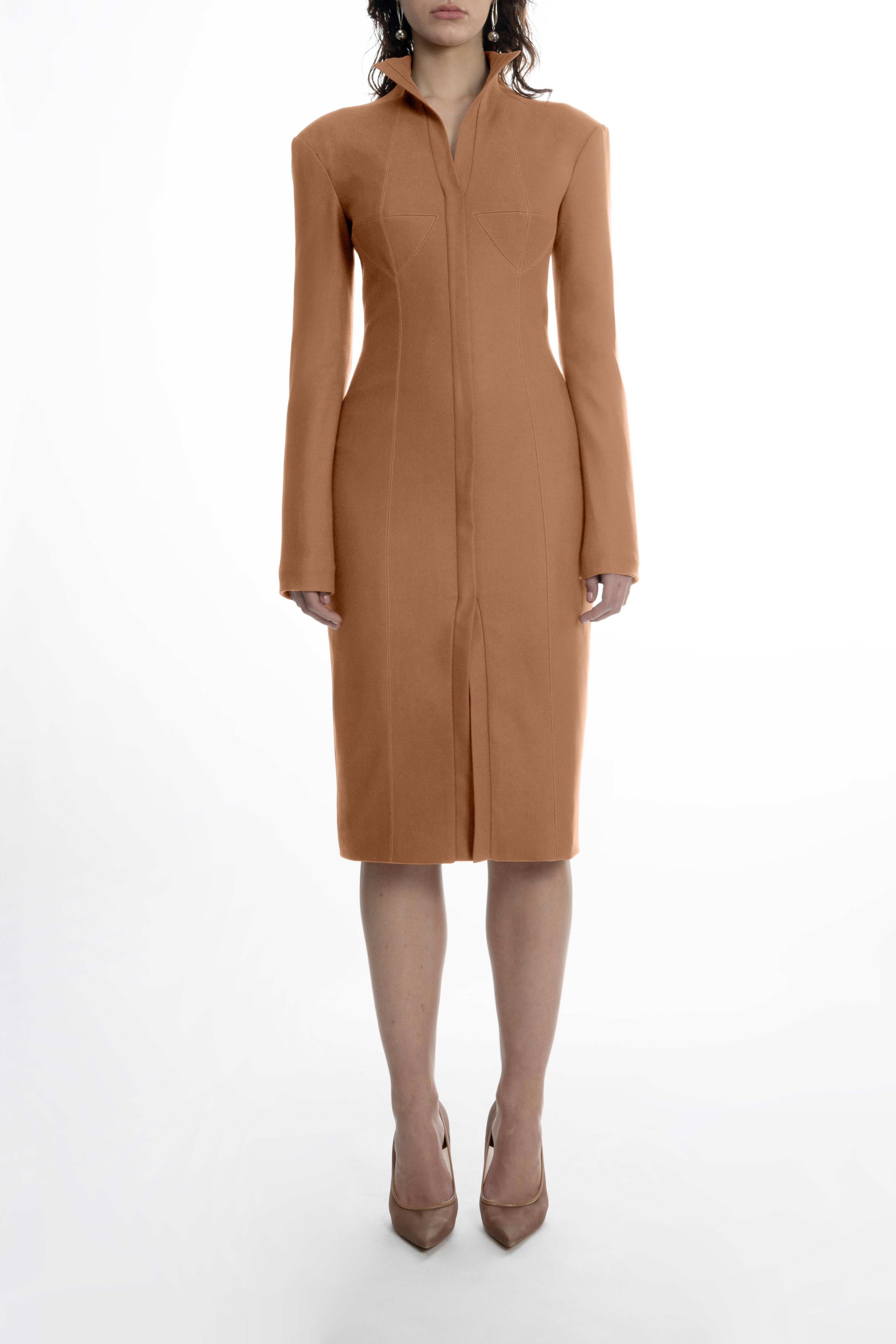 Front view of a light brown wool midi dress with a sculpted bustier, long sleeves and a stand collar; precise, tailored fit.