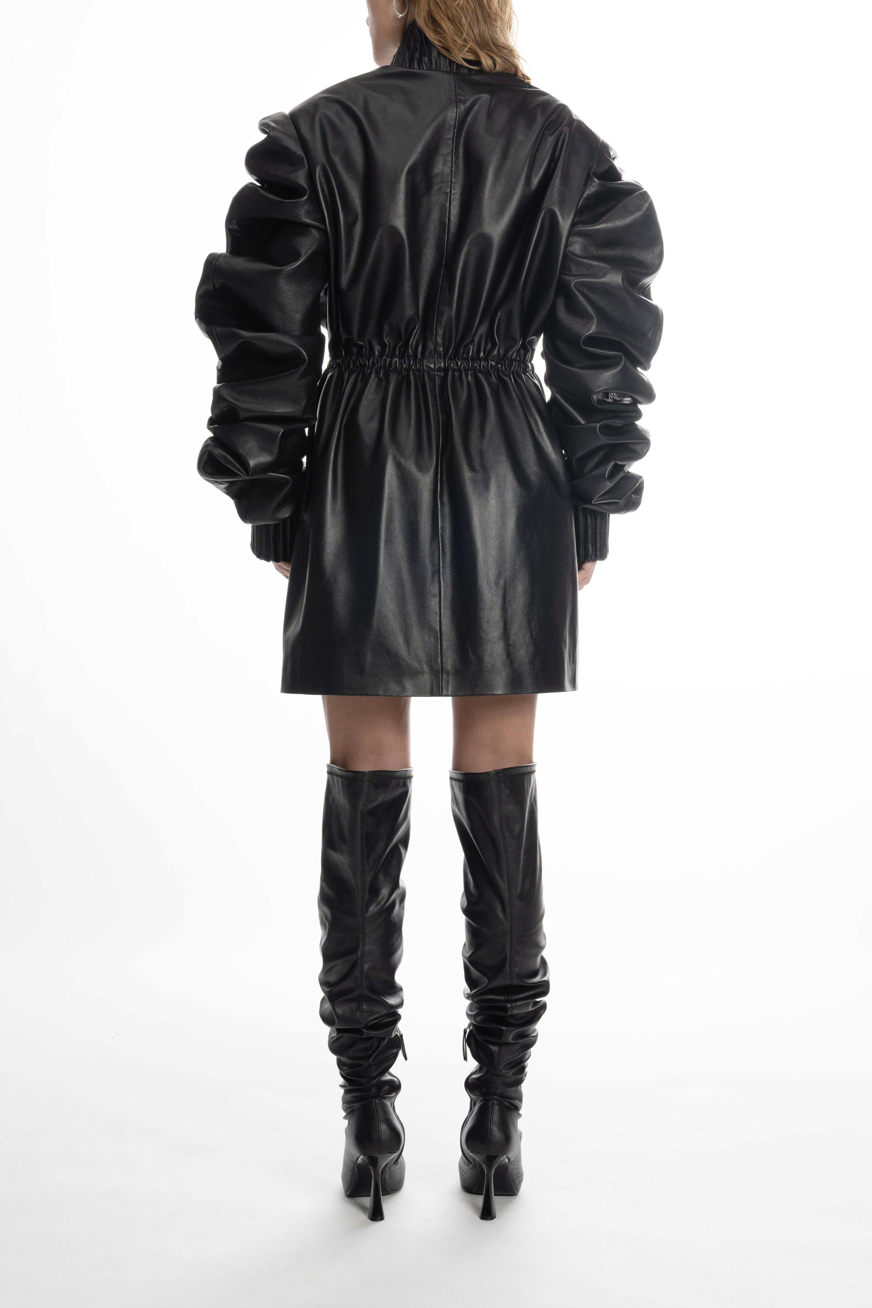 Leather Medusa Parka showing gathered waist and sleeve volume