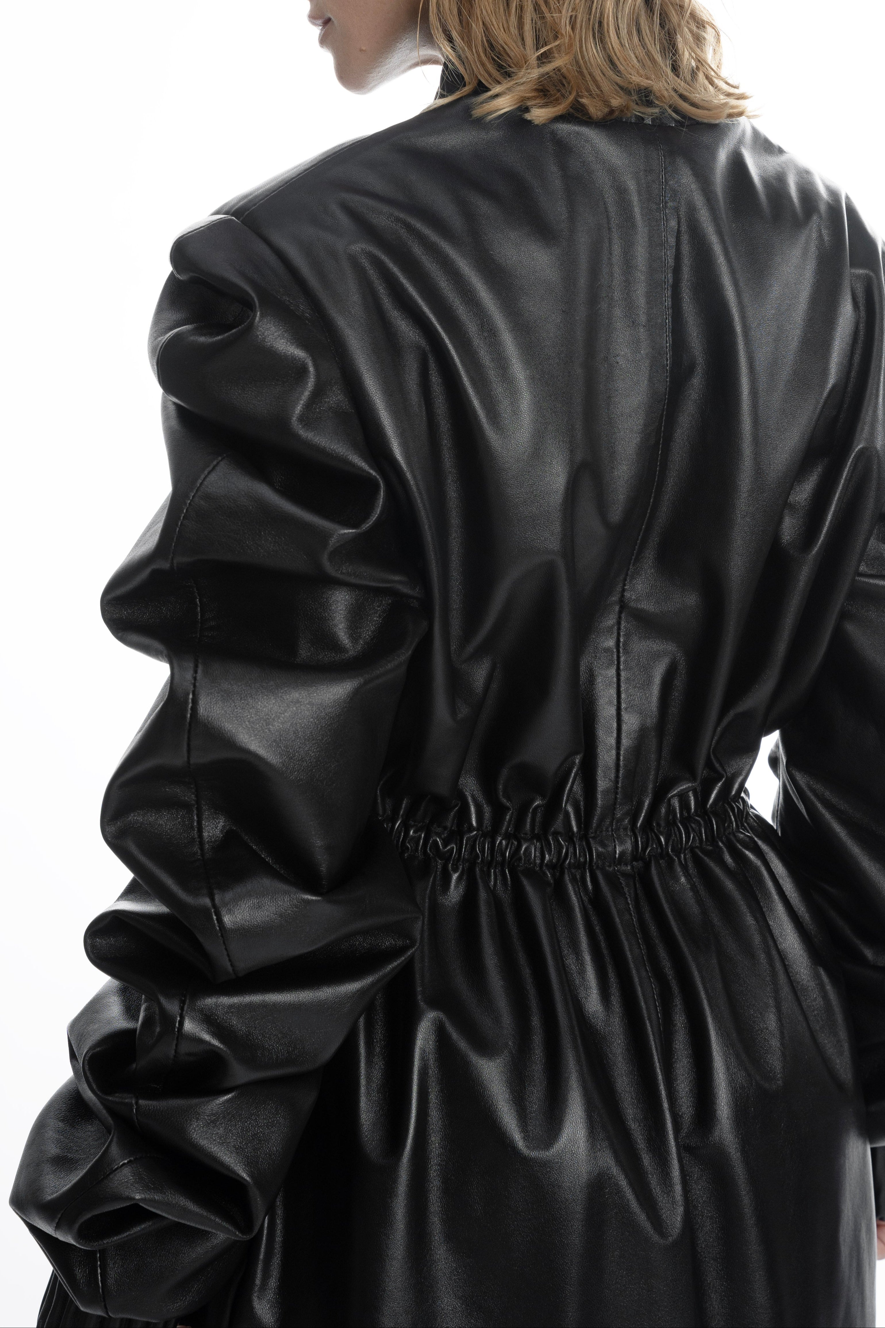 Leather Medusa Parka with ruched sleeve and elasticated waist detail
