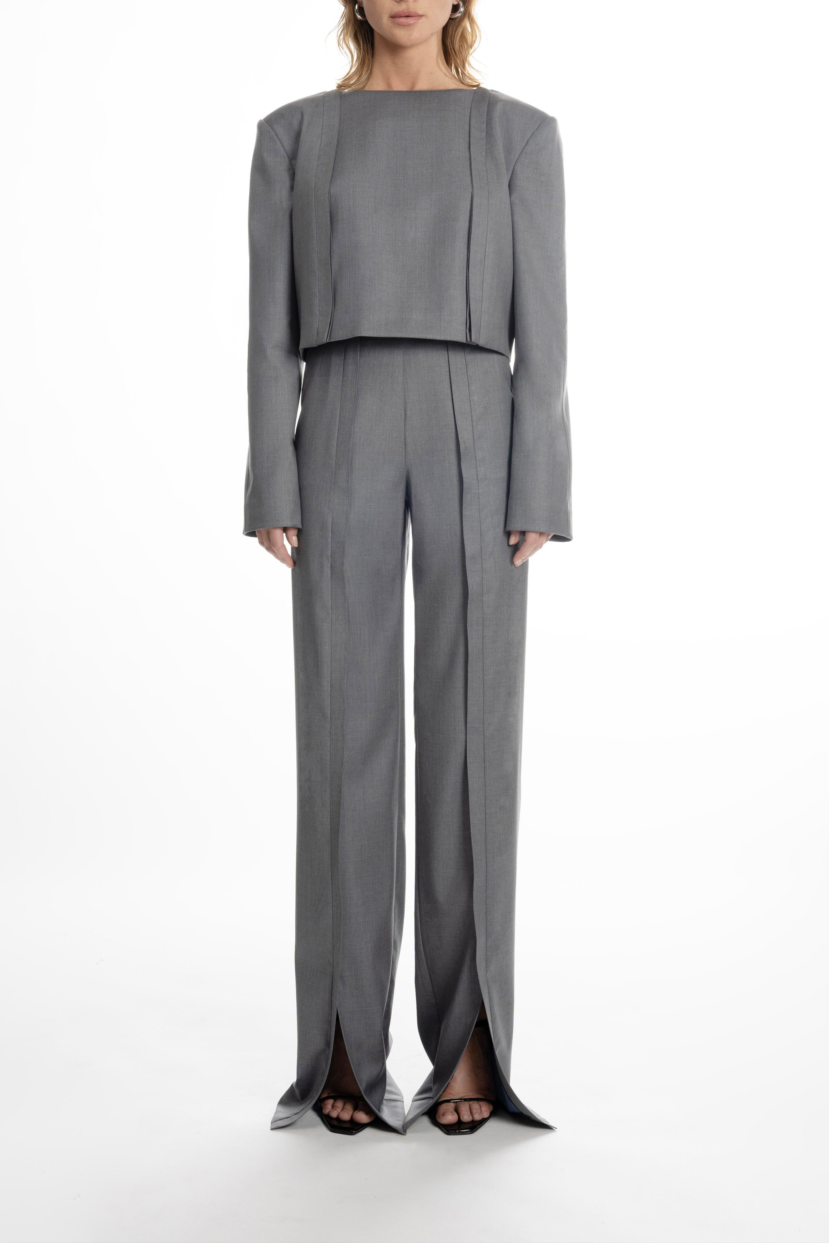 Light grey Placket Trousers with Slits - straight, elongated silhouette with refined placket detail