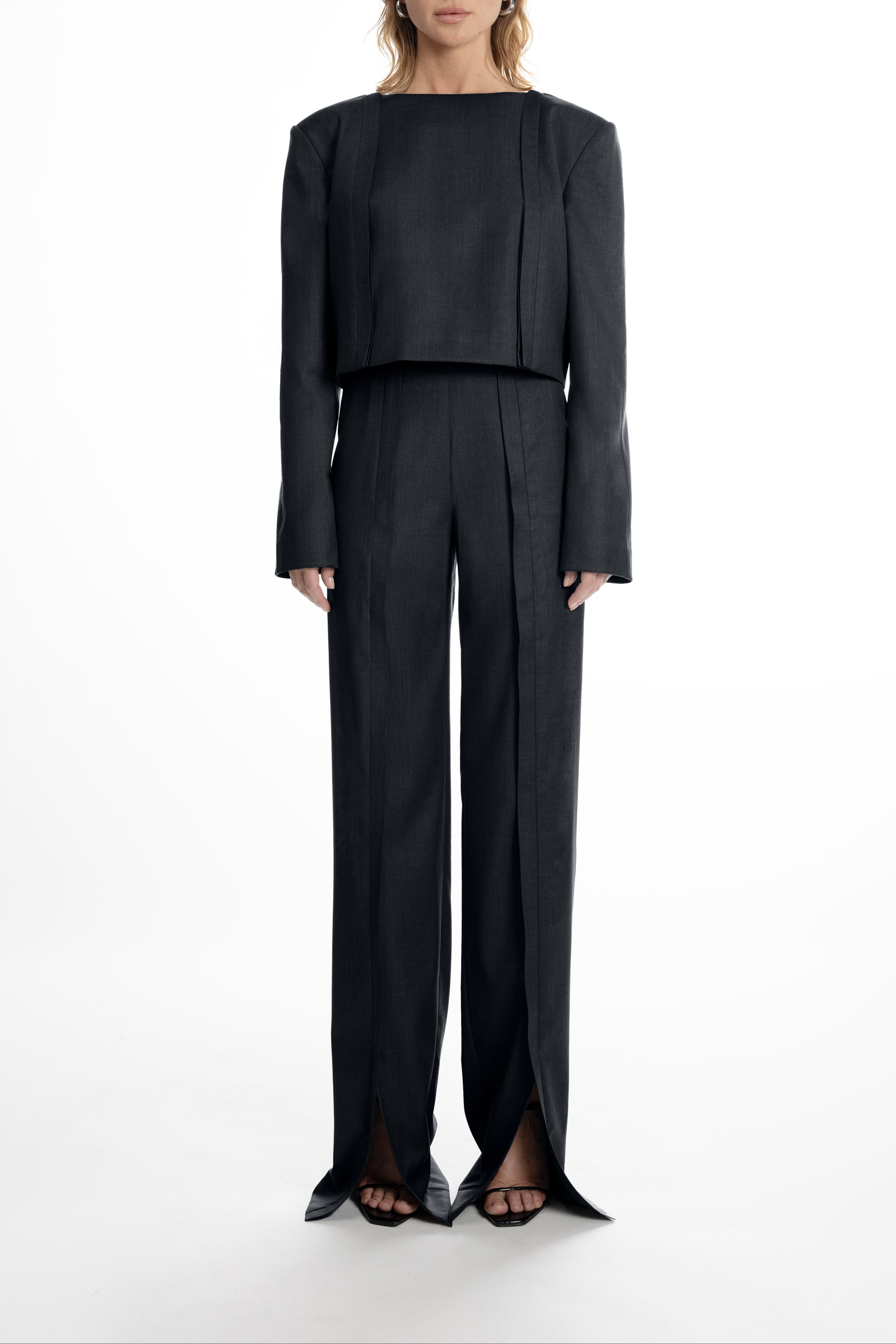 Black Placket Trousers with Slits - tailored 100% wool, clean placket and subtle front slits for modern movemen