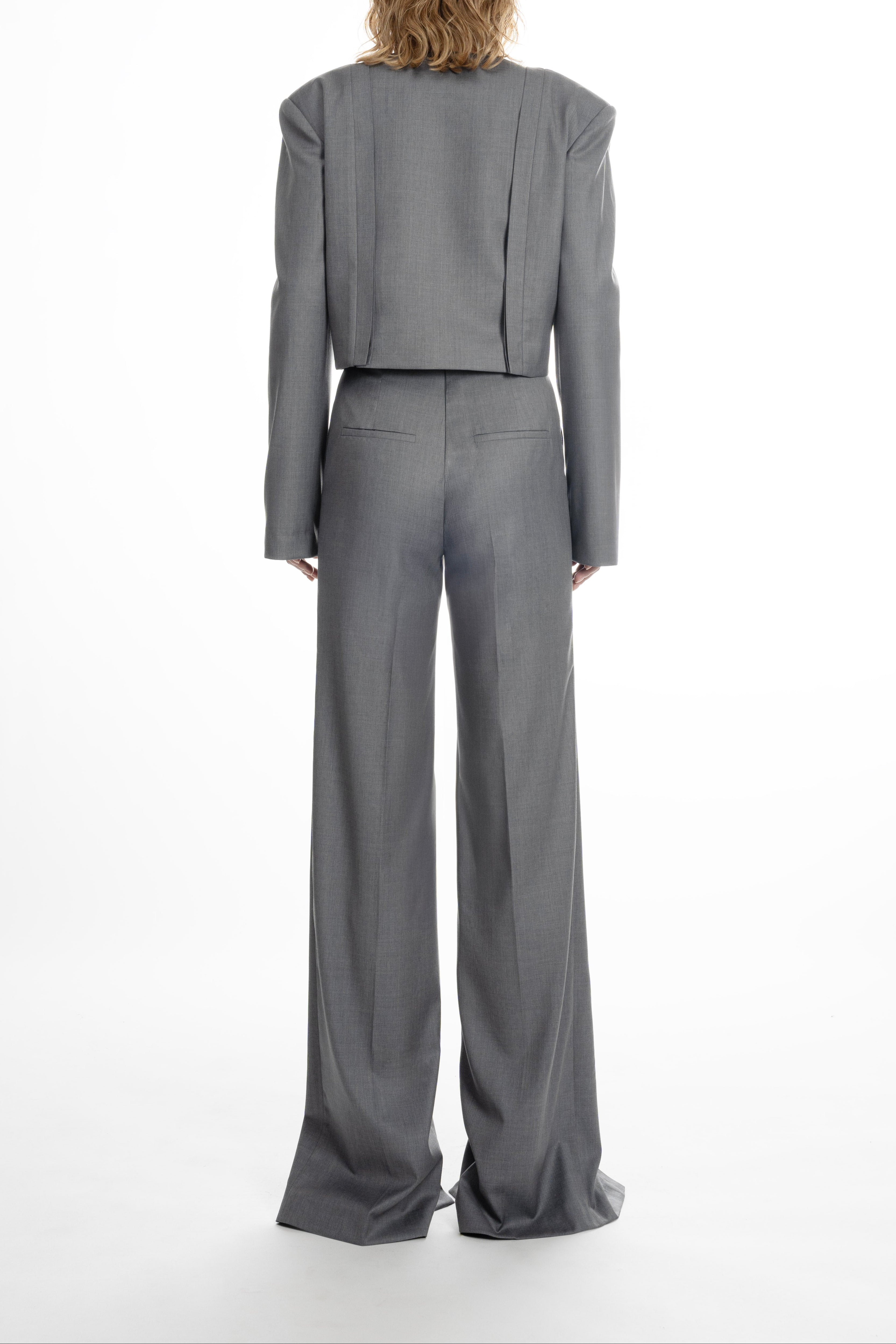 Open Shoulder Short Jacket in light grey, showcasing tailored back seams and cropped hem