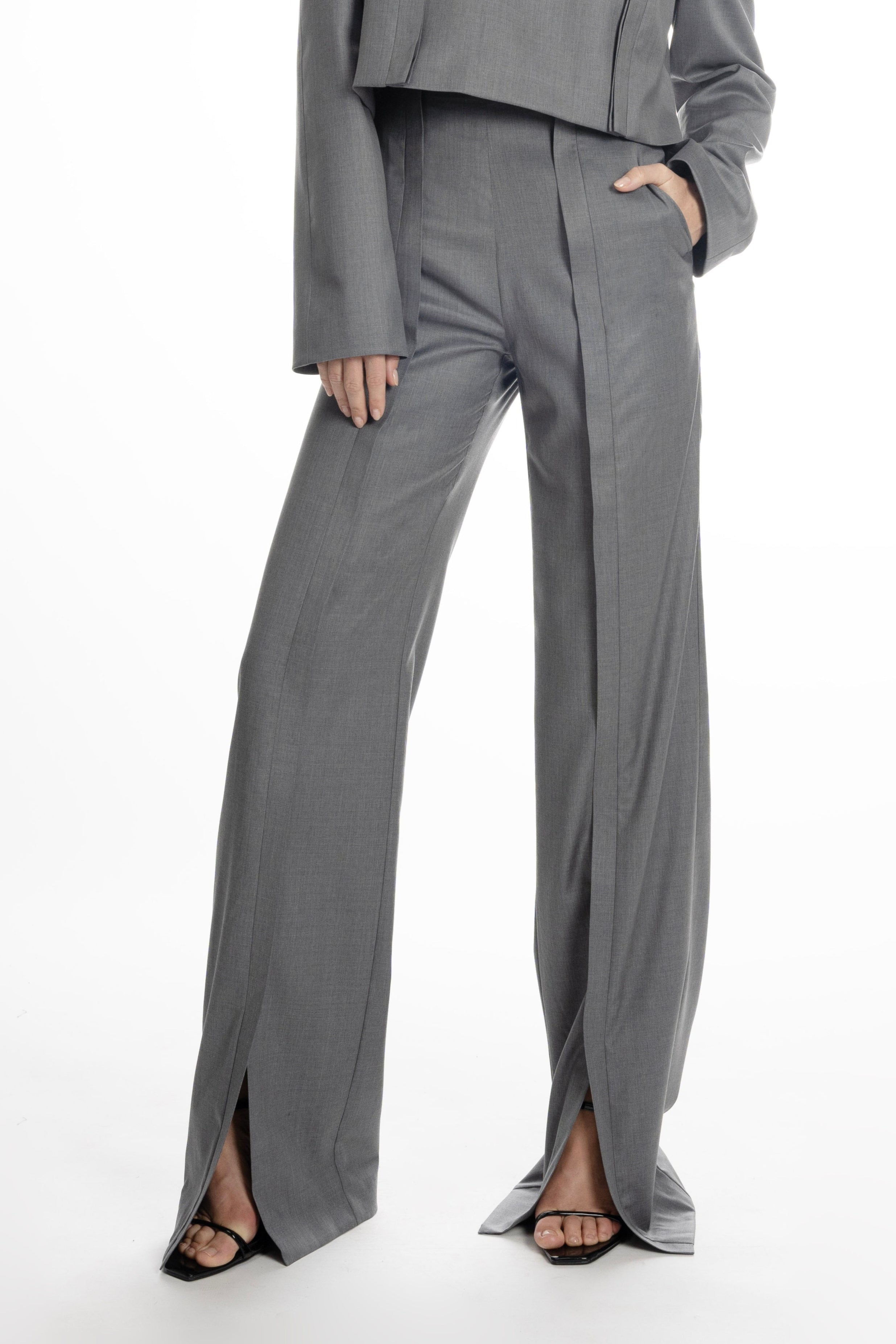 Light grey Placket Trousers with Slits -structured leg with placket detail; paired with cropped jacket