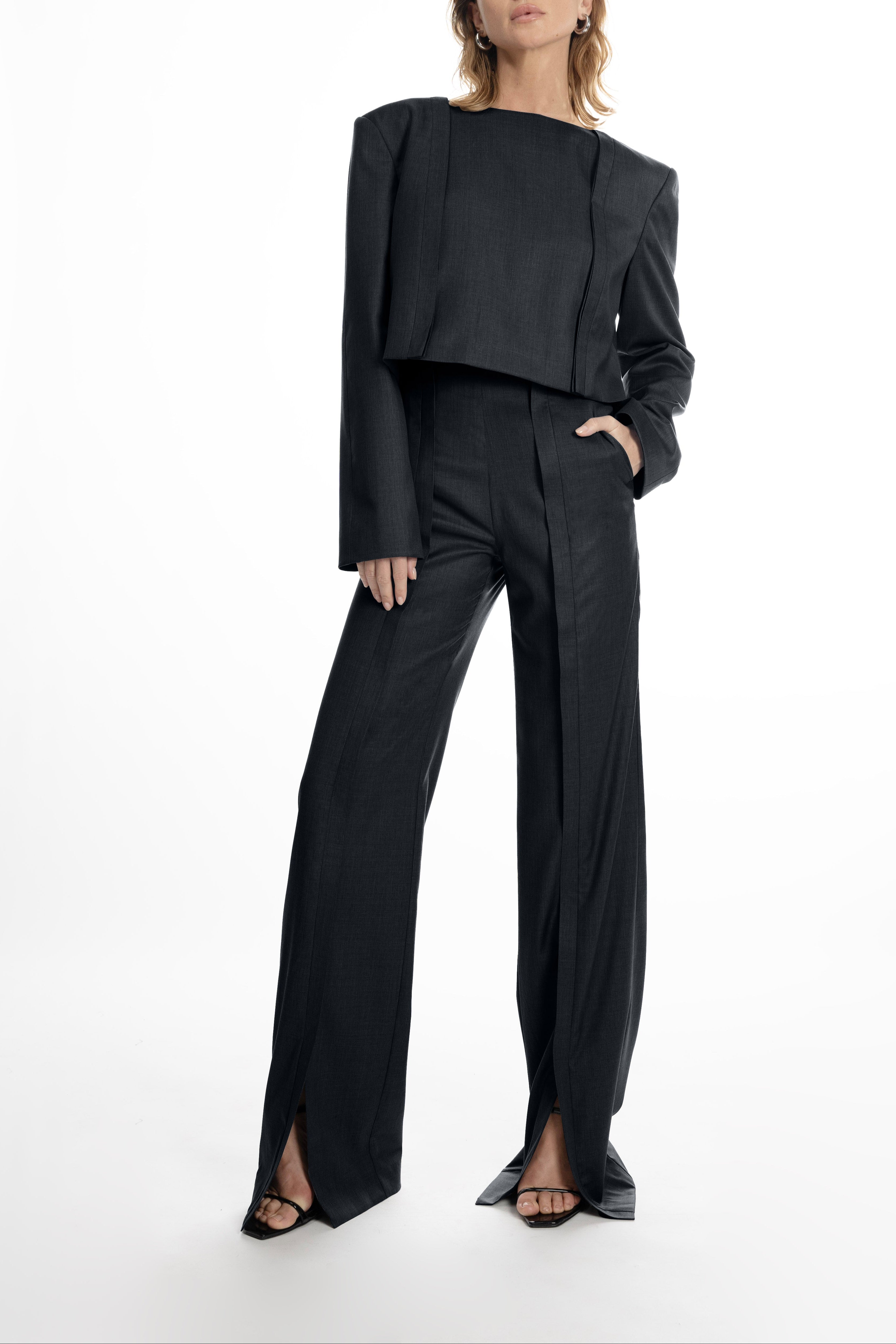 Black Placket Trousers with Slits - structured leg with placket detail; paired with cropped jacket