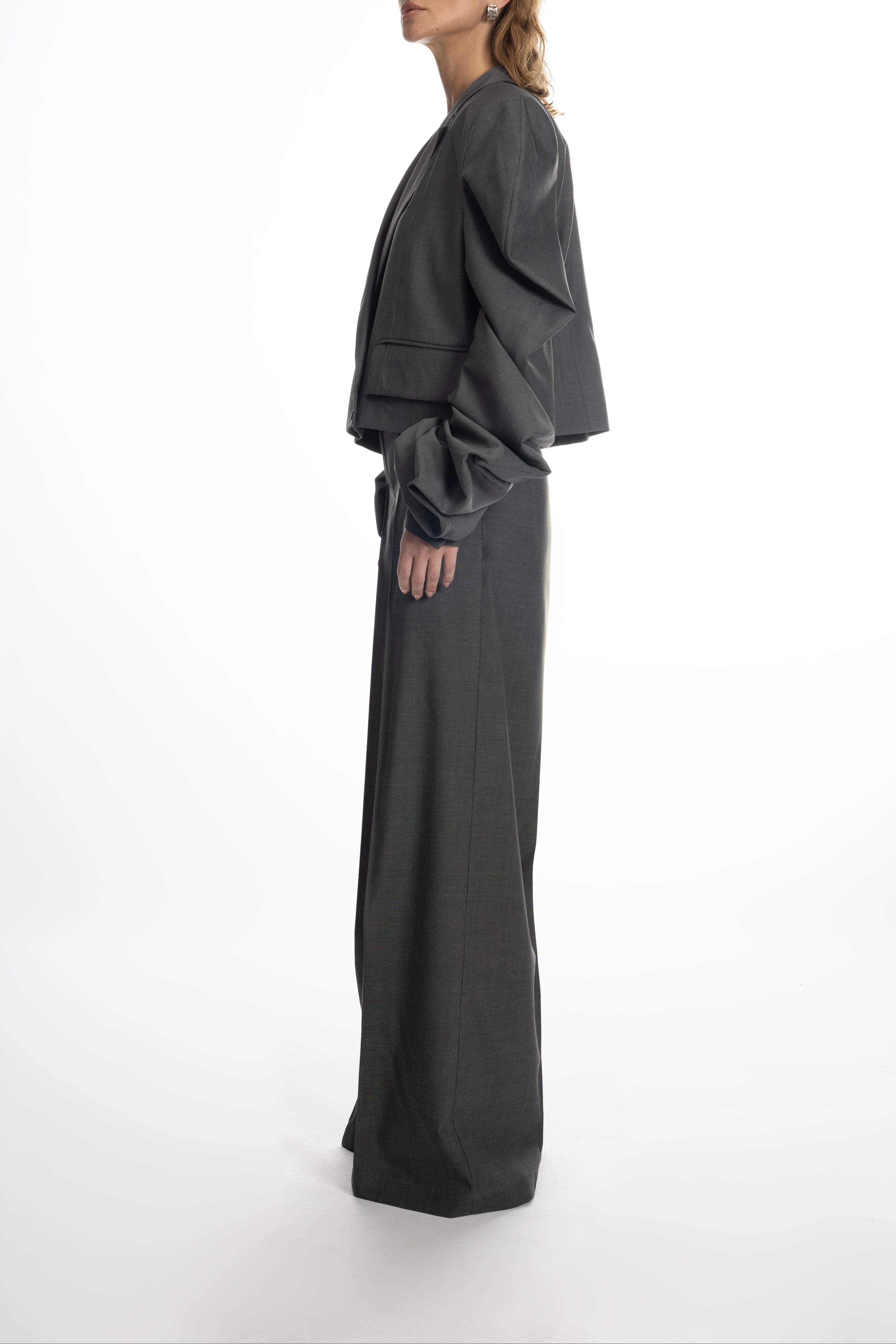 Women’s gray cropped blazer with ruched sleeves and matching wide-leg trousers
