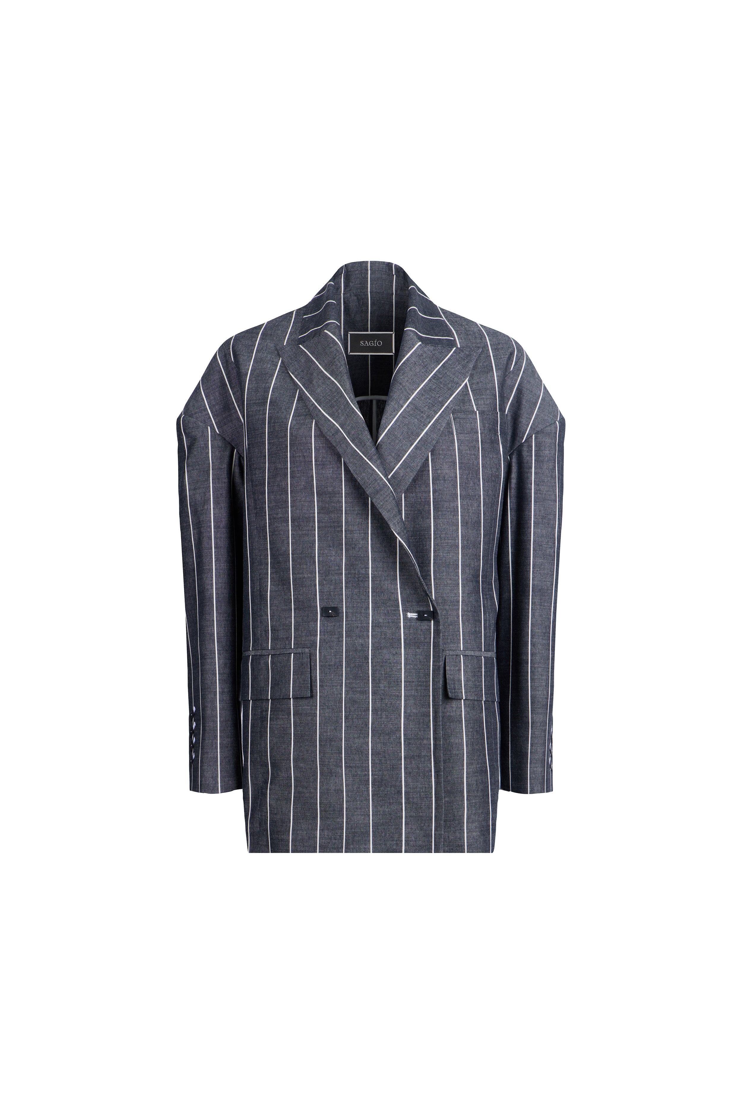 Falling Double-Breasted Stripes Jacket black white pinstripe front flat lay double-breasted tailored blazer
