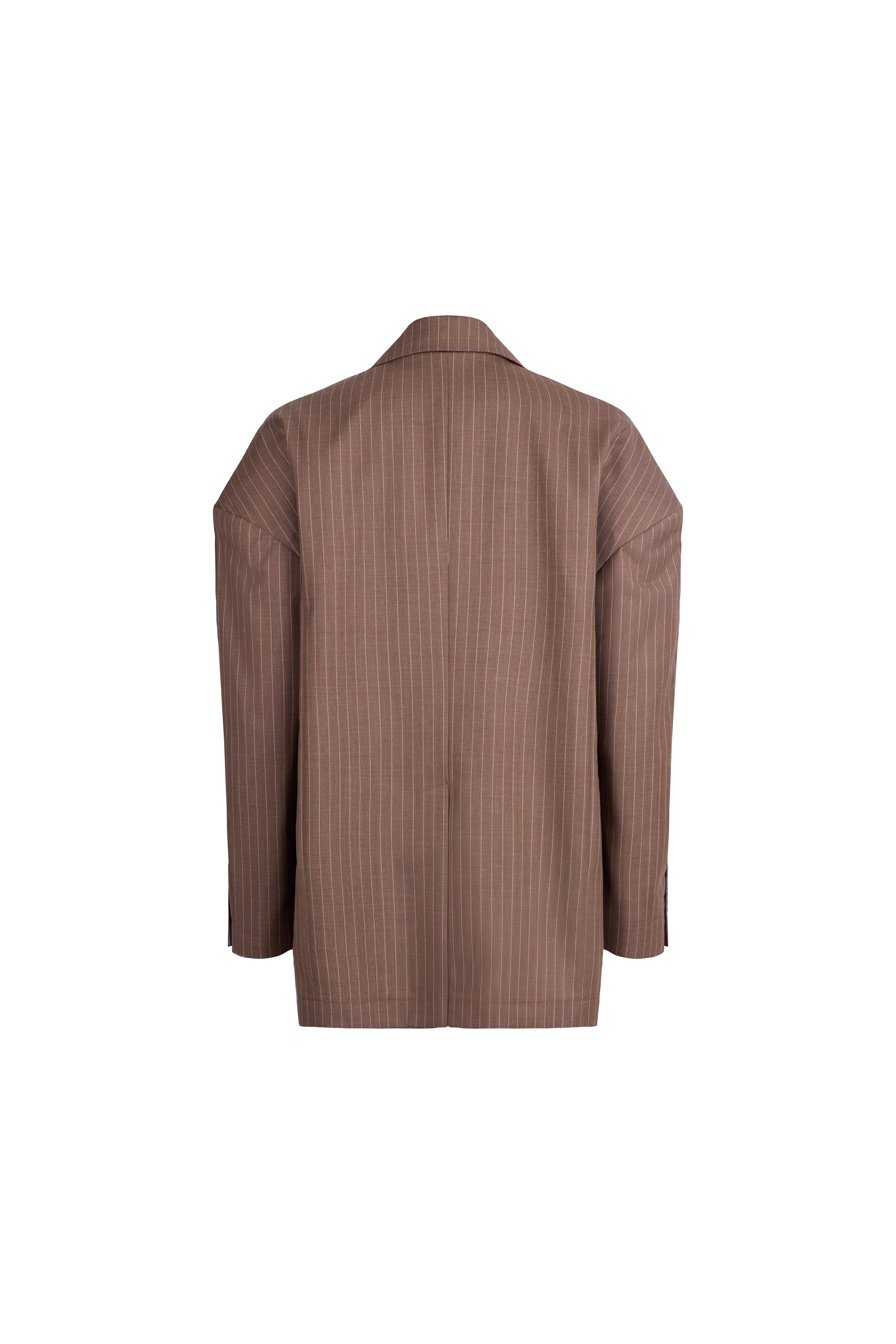 Falling Double-Breasted Stripes Jacket brown beige pinstripe back flat lay oversized tailored blazer