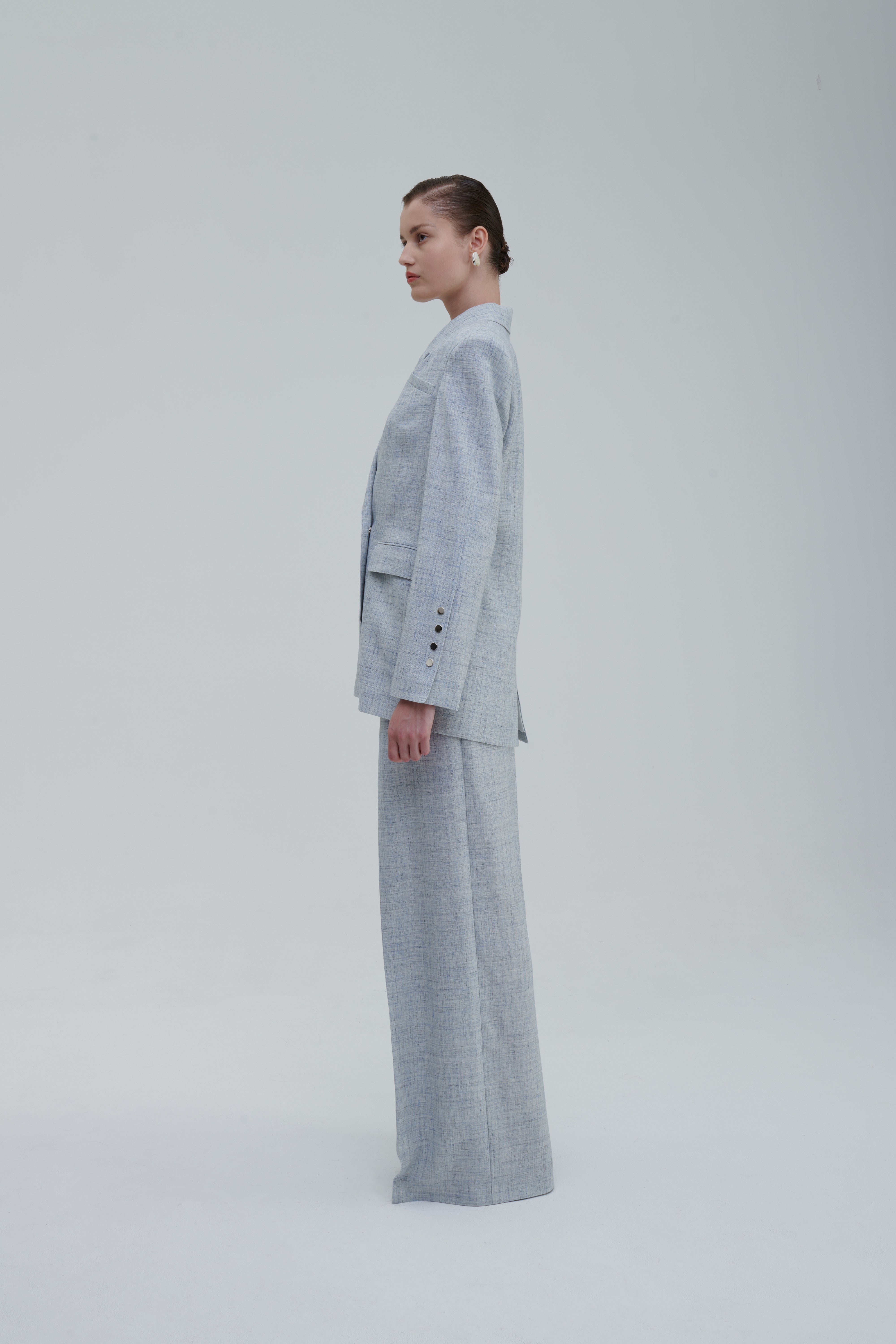 Melange lino wide trousers, tailored pleats, side view