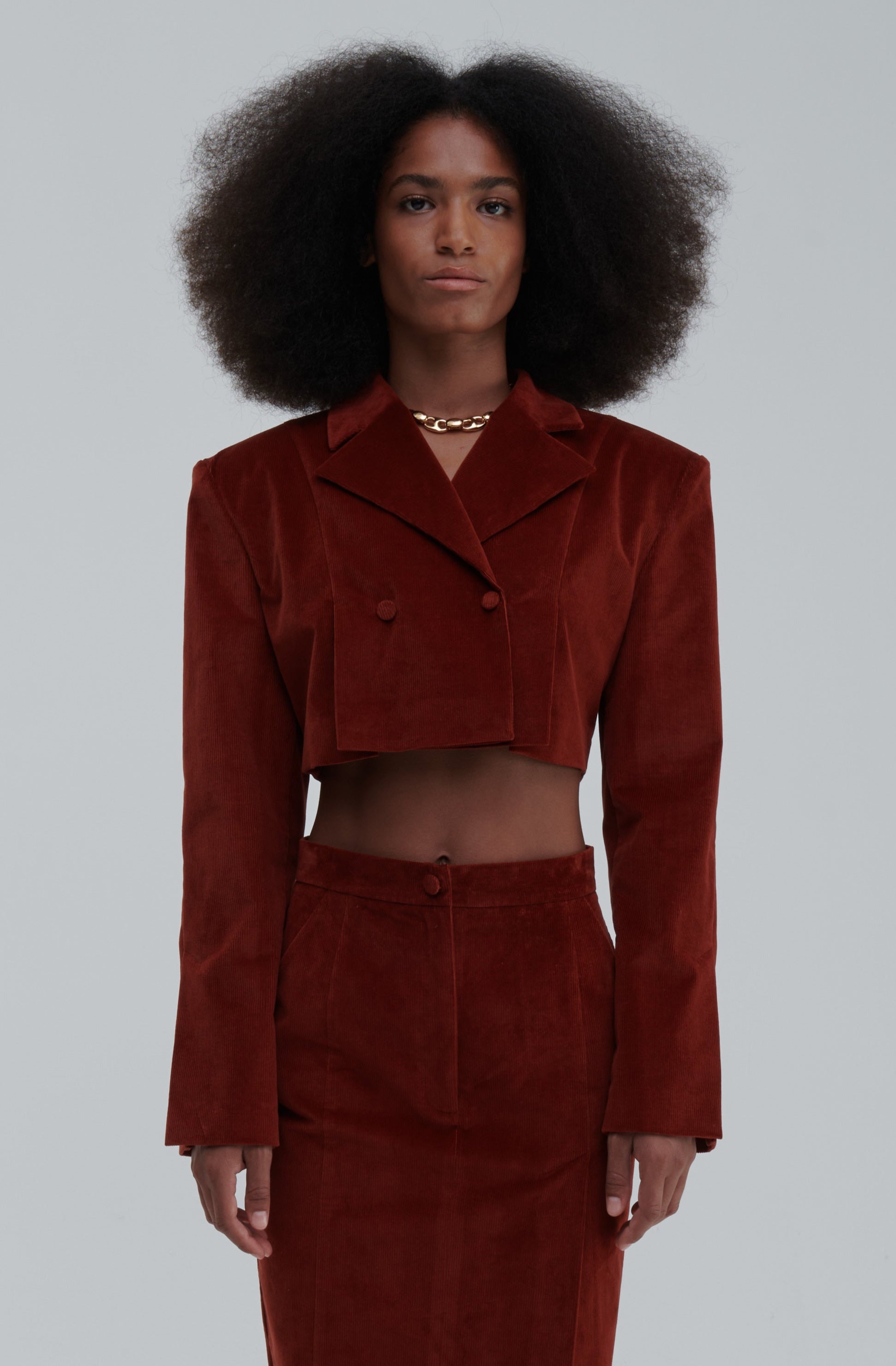 Cropped double-breasted velvet jacket, Terracotta, studio front model