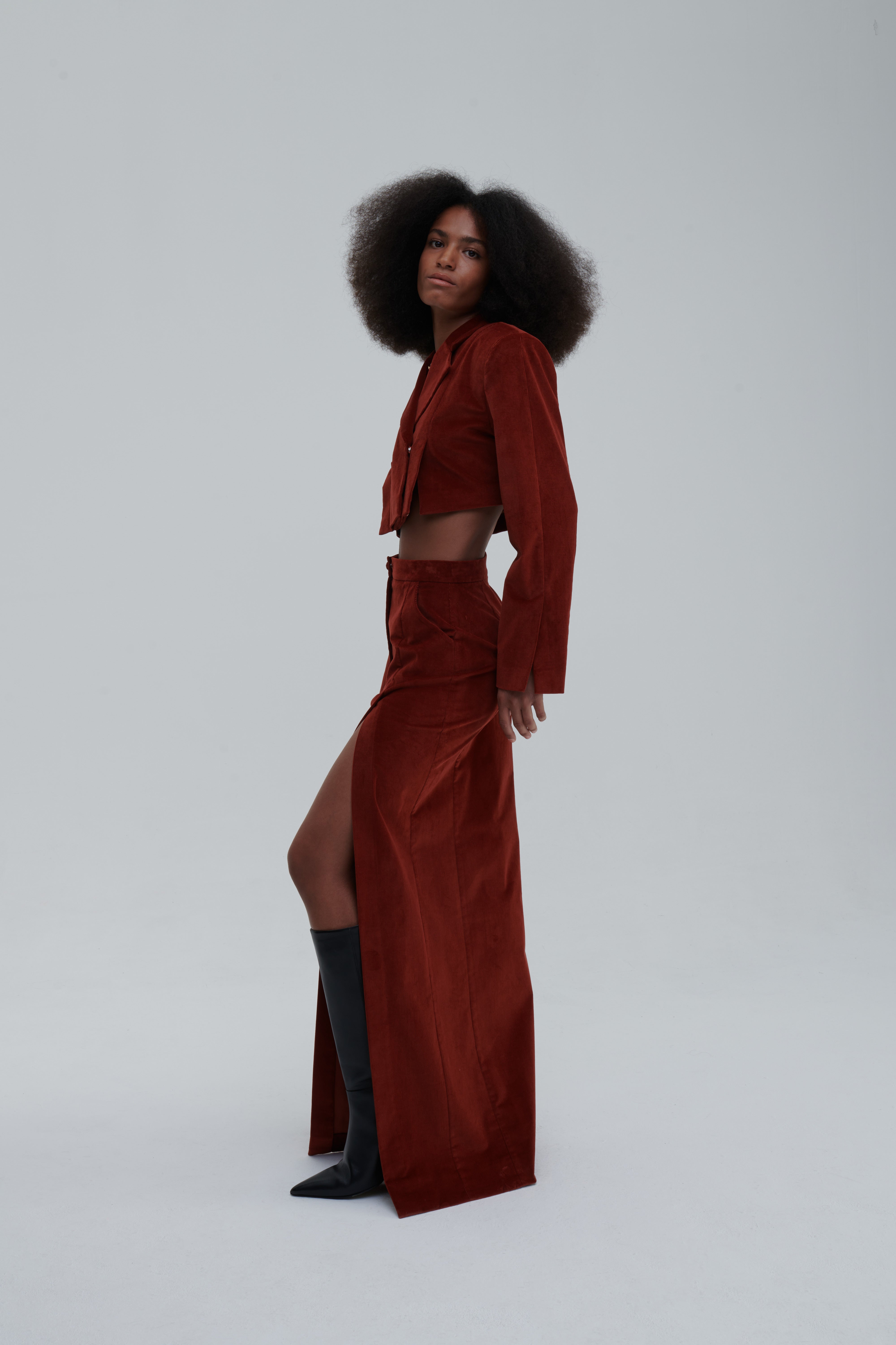 Cropped double-breasted velvet jacket, collar and button detail