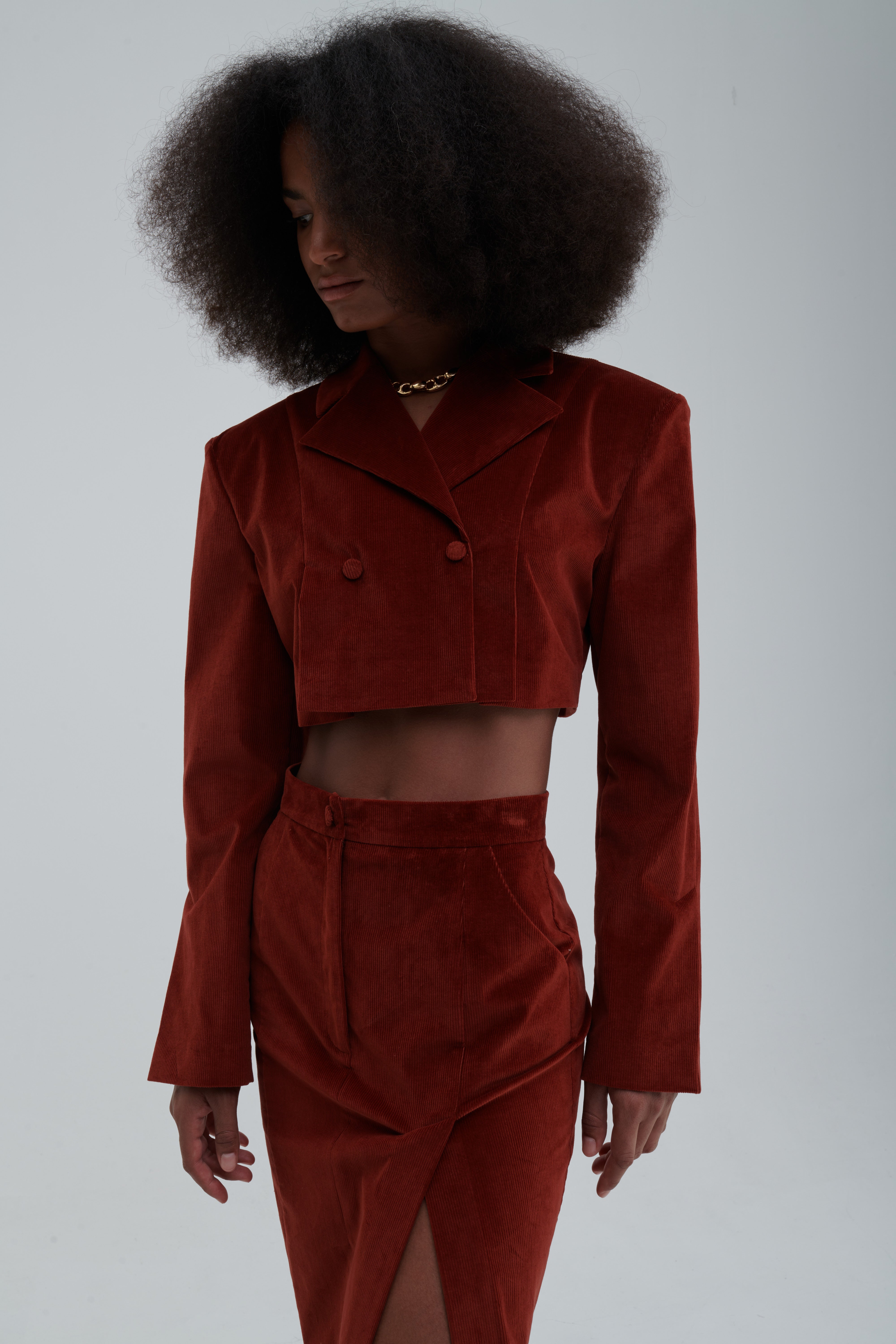 Cropped double-breasted velvet jacket, Terracotta, styled outfit view