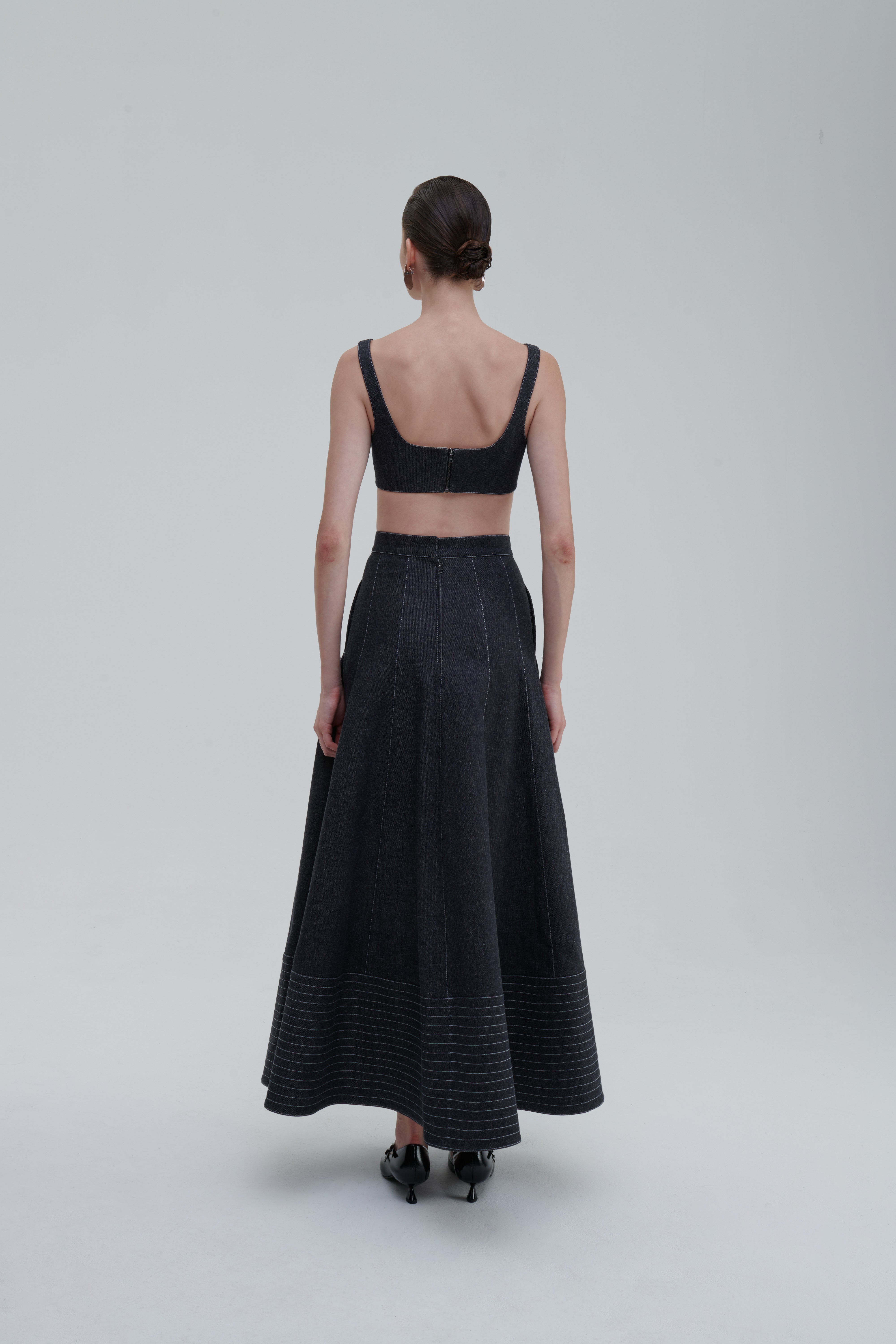 Quilted denim bustier top in anthracite, back view