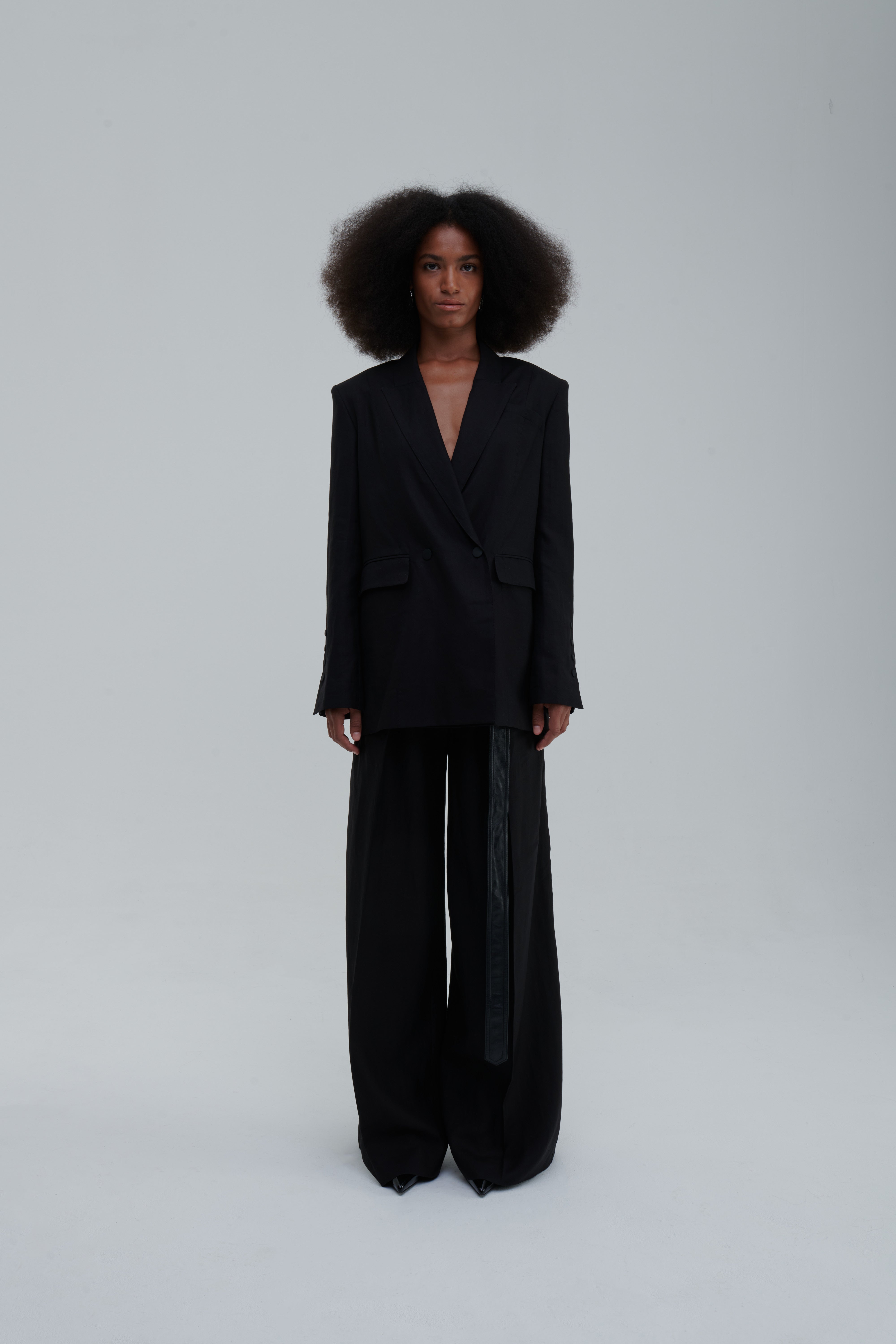 Black Classic Lino Trousers styled with blazer, full look