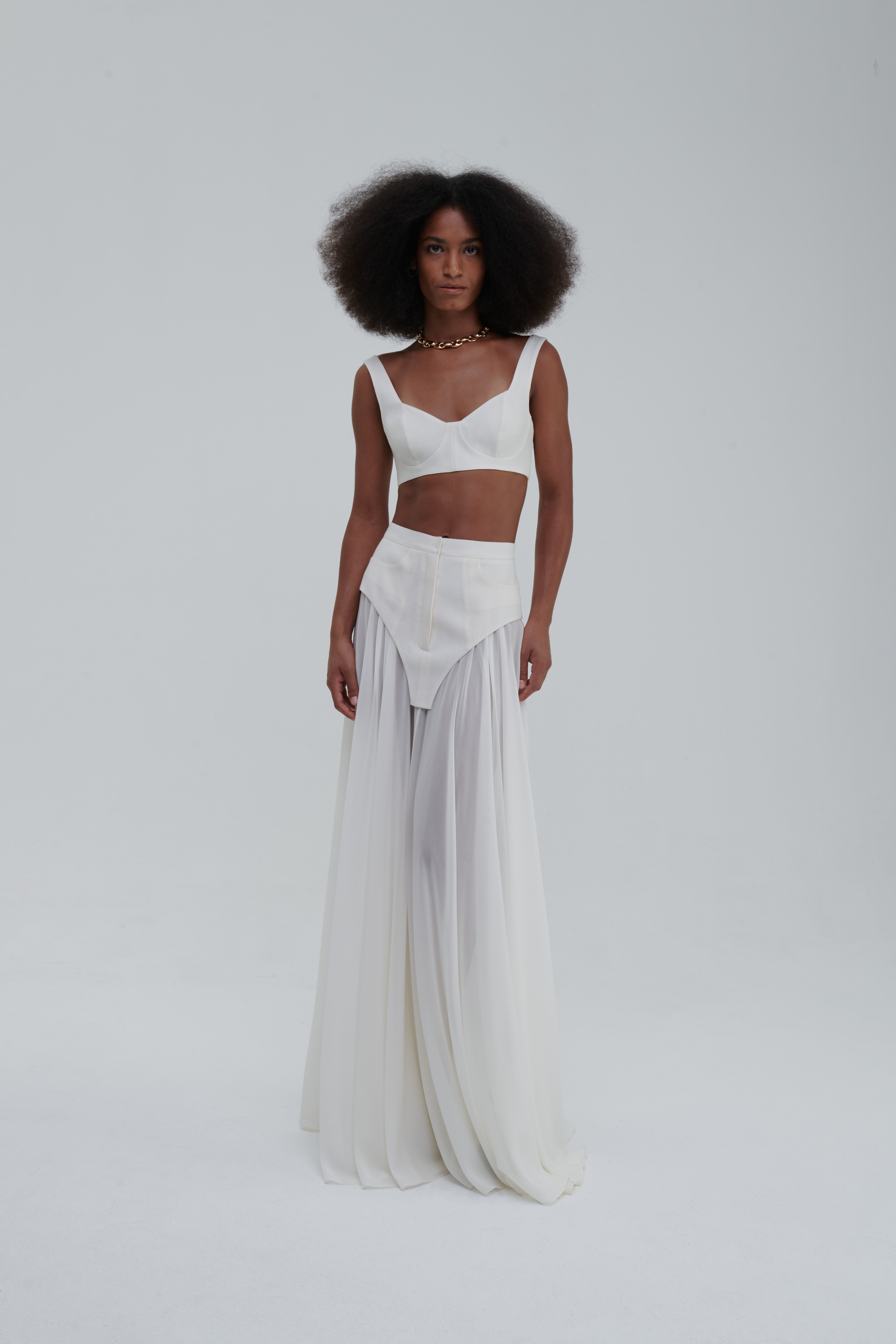 MAXI UNDERWEAR APPLICATION SKIRT by Sagio from the Spring/Summer 2025 collection — a sheer white maxi skirt featuring underwear-inspired paneling and elegant draping. Conceptual designer fashion in lightweight fabric from thesagio.com