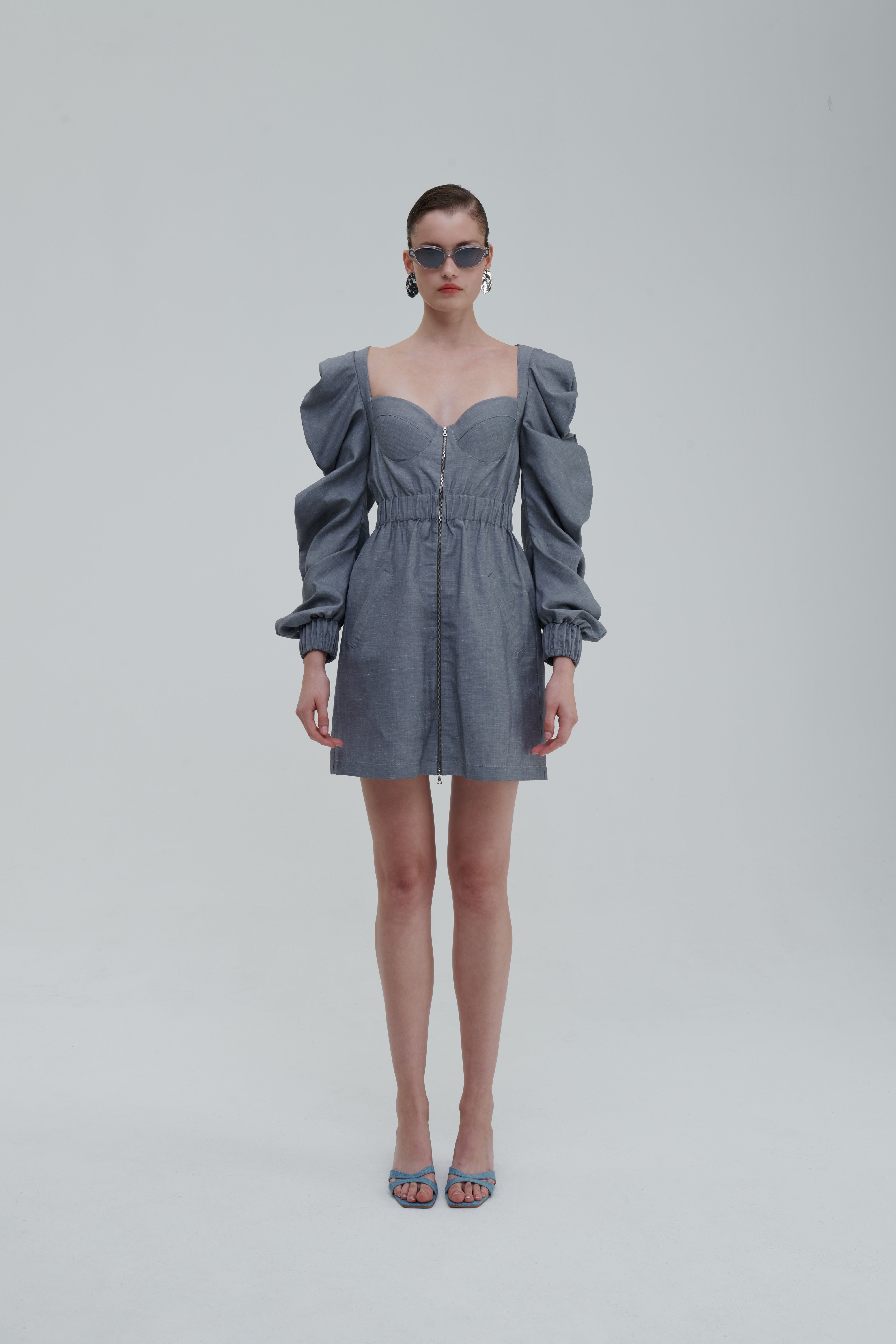 Medusa Parka Dress in grey linen, front view with zip closure and corset bust