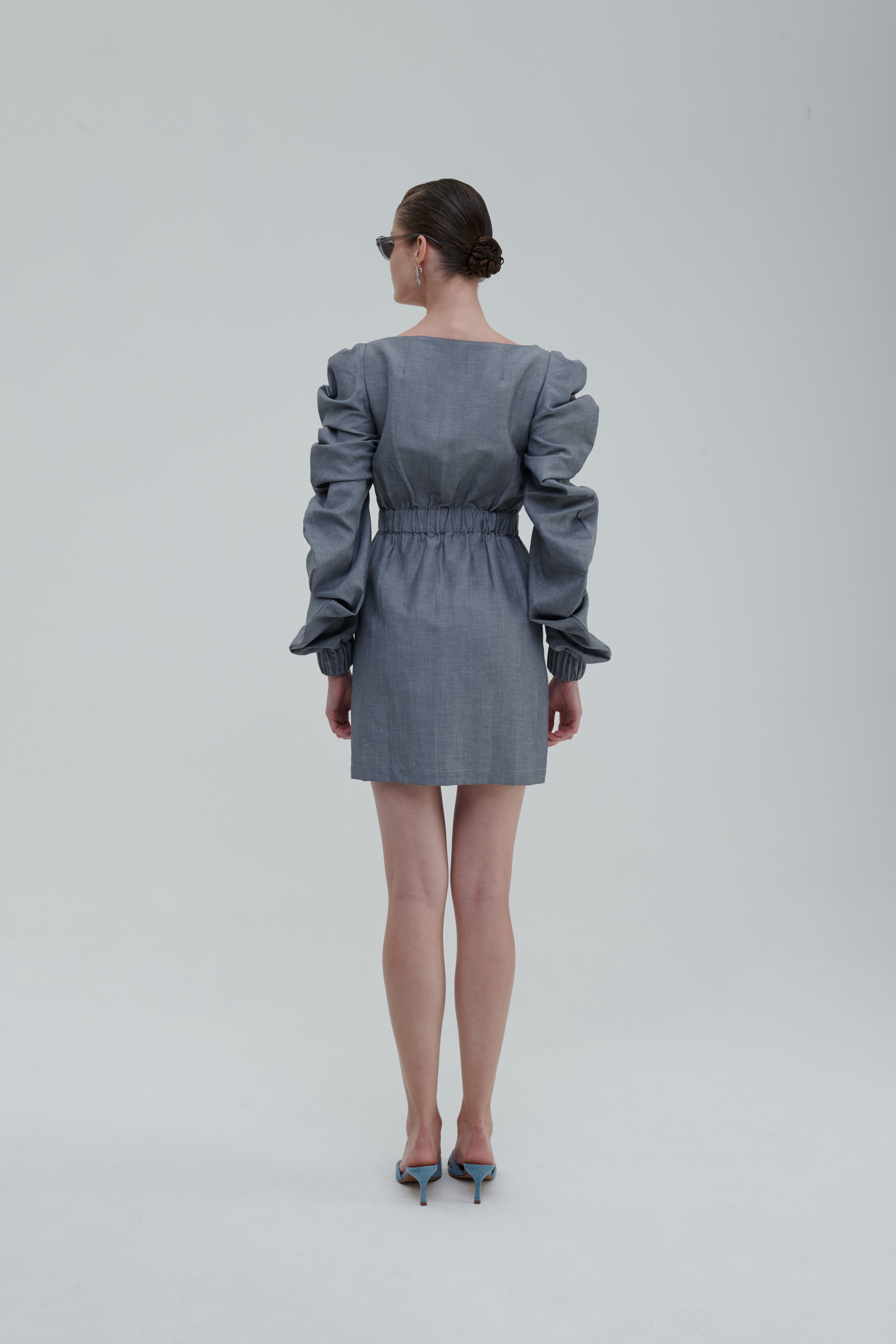 Medusa Parka Dress in grey linen, back view with ruched sleeves