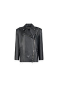 A black leather motorcycle jacket with an asymmetrical zipper, pointed lapels, and silver-tone hardware, shown against a plain white background.