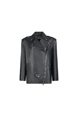 A black leather motorcycle jacket with an asymmetrical zipper, pointed lapels, and silver-tone hardware, shown against a plain white background.