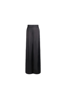 A pair of black wide-leg trousers with a high waist and front pleats, shown against a plain white background.
