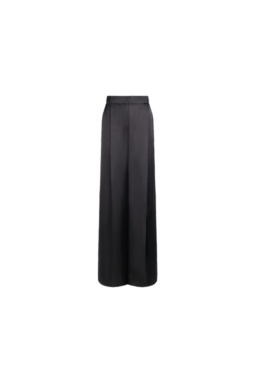 A pair of black wide-leg trousers with a high waist and front pleats, shown against a plain white background.